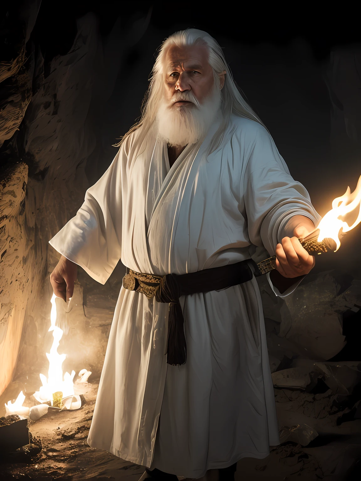 (Higher quality: 1,3), cinema shot, tmasterpiece, (foco nítido: 1,5), (Fotorrealista: 1,3), Average portrait (A tired-looking Chinese veteran,Long white hair and long white beard,But still proud and ferocious, ((Super toned muscular body)),Now the leader of his village , Wear yours with a delicate white robe dress, The night was dark,Cold, Deafening footsteps echoed through the cave, Dripping rain,, Carry a large iron sword, Move carefully towards the depths of the cave, Torches illuminate the dimly lit path, Create moving and distorted shadows on damp walls. An eerie atmosphere enveloped the entire Algunas: Antochas, Ardennes, Enlas Wall, Give the scene a dark atmosphere,But sculpt the shape with clear chiaroscuro), is night, (Very detailed skin), (detail in face), detailedbackground, Dark light, twilight lighting, Volumetric illumination, intricately details, hyper HD,