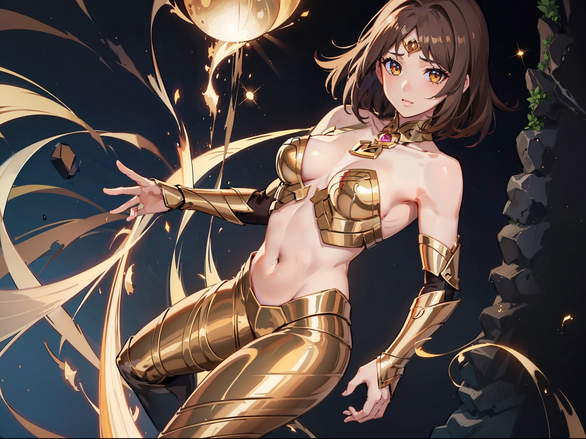 beautiful face,thighs,bare shoulder,breasts contains,Golden eyes, one-girl, warrioress, More original clothing, brown hair, short hair, anime, UHD, masterpiece, textured skin, high details, high quality, best quality, highres