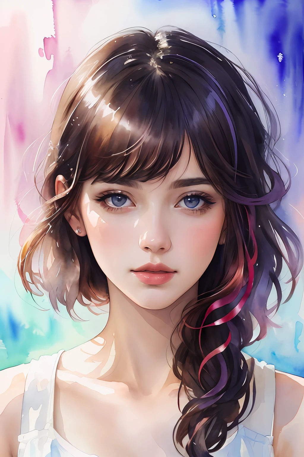 (8k, best quality, masterpiece:1.2),(best quality:1.0), (ultra highres:1.0), watercolor, a beautiful woman, shoulder, hair ribbons, by agnes cecile, half body portrait, extremely luminous bright design, pastel colors, (ink:1.3), autumn lights,