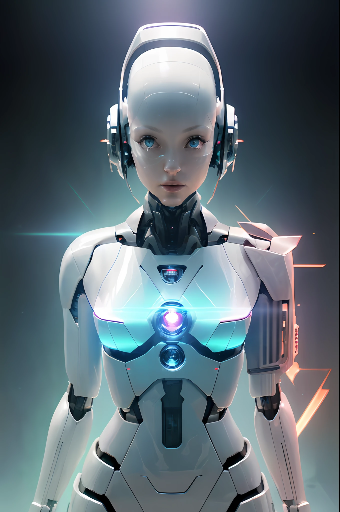 (single, alone , solo focus, american shot of :1.3) Kat Dennings gorgeous space cadet robot standing looking at camera in front of a star field with a blue light shining on her chest, symmetric perfect body, clear white skin, skin details, Shadow blue hair , depth of field, extremely intricate details, tight Dark sea green bodysuit, metallic cape, jet-pack boots, light pink eyes looking at camera, realistic proportions, combat pose, light beams out of hands, Artgerm, stanley artgerm lau, cyberpunk art, fantasy art, ( crystal face shield :1.1) , spaceships on the background