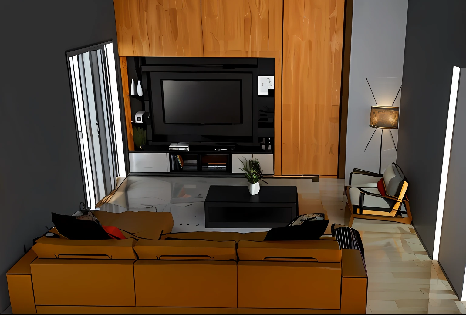 Arafed view of a living room with a sofa, Television, e uma cadeira, 3D rendering, 3D-rendering, 3D-rendering!, 3D rendering!, sala de estar interior, Sala de estar, 3d renderizado, 3 d renderizado, tiro largo, Detailed rendering, CG rendering, furniture concept photo!!, Design 3D, Design 3D, 2 d render