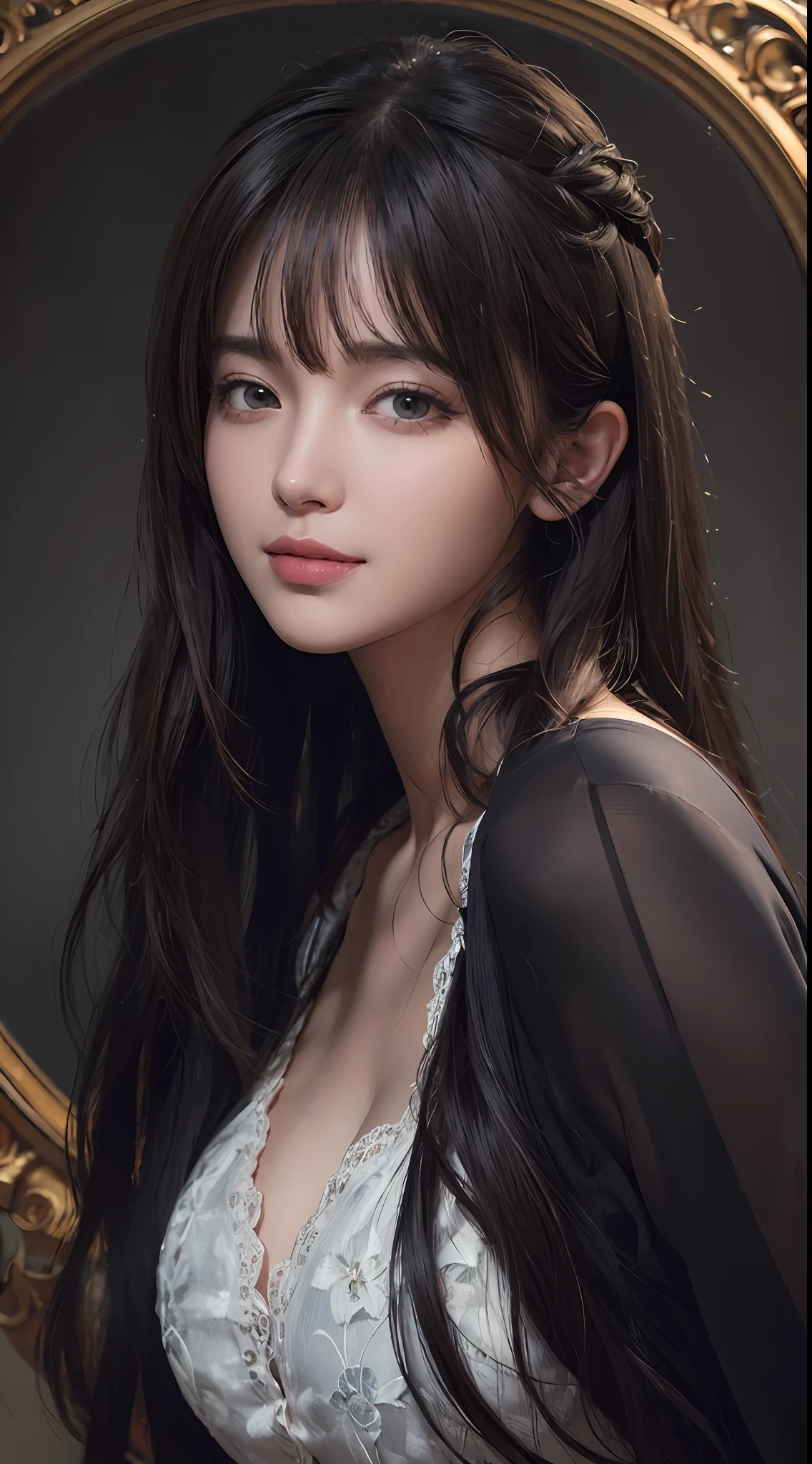 (Ultra Realistic), (Illustration), (Increased Resolution), (8K), (Extremely Detailed), (Best Illustration), (Beautiful and Detailed Eyes), (Best Quality), (Ultra Detailed), (Masterpiece ), ( wallpaper), (detailed face), solo, 1 girl, looking at viewer, fine details, detailed face, in the dark, deep shadows, low key, pureerosfaceace_v1, smiling, long hair, black shawl straight hair , 46 points oblique bangs