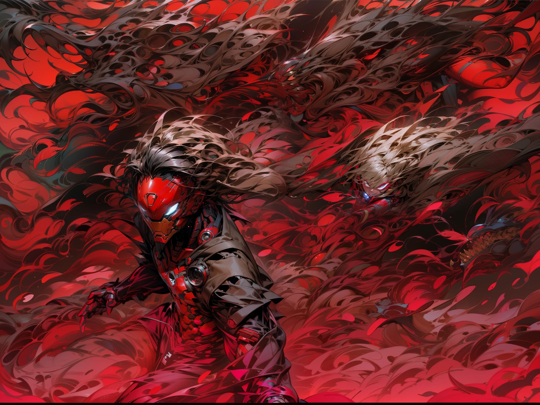 3d character, ironman, Marvel (full bodyesbian:1.2),Spiderman and werewolf, standing looking at each other, urban backdrop, universe background, 3D, C4D,, Masterpiece,Best quality,(red gradient background:1.1)