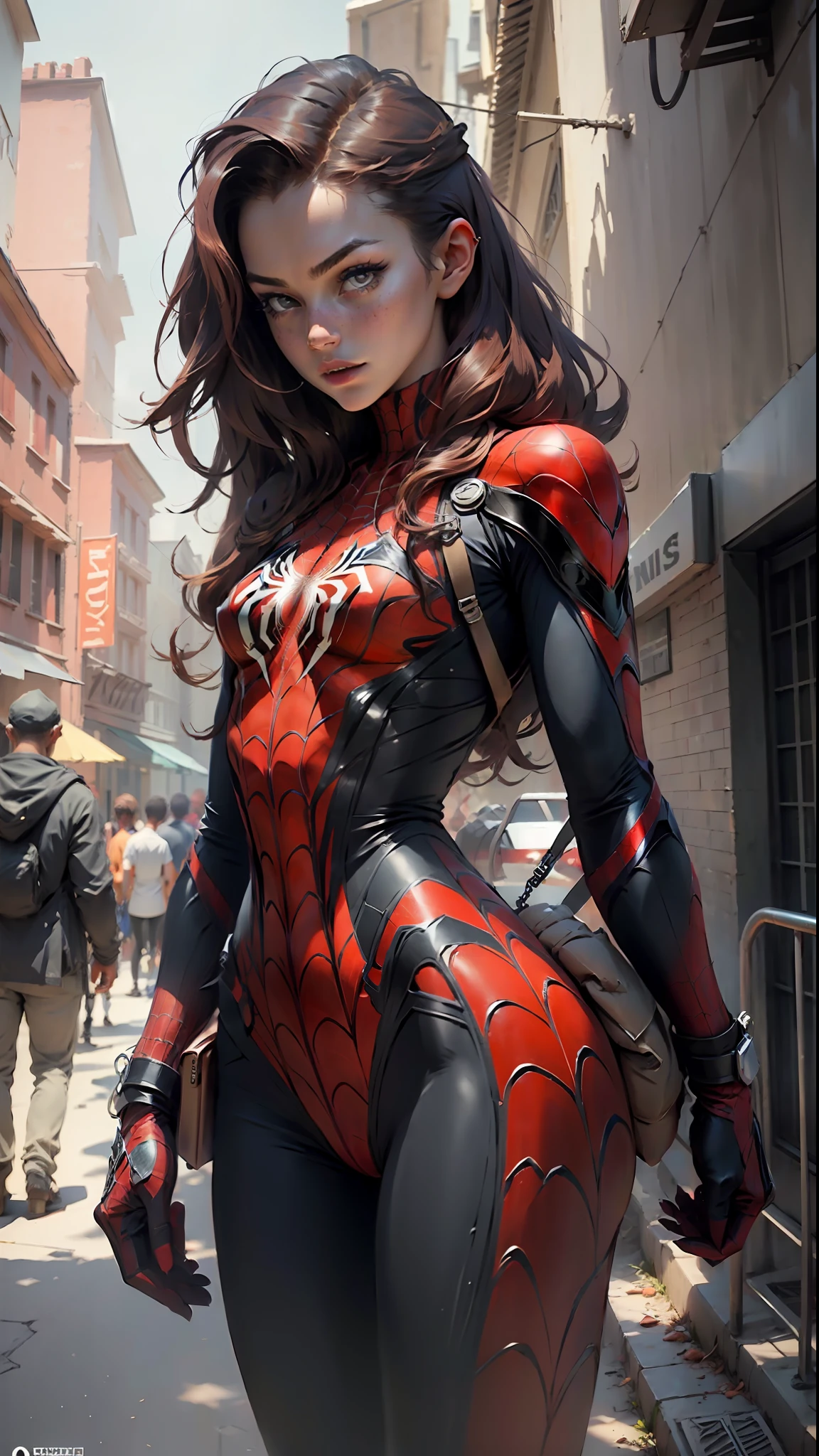 Beautiful woman detailed defined body using spider man cosplay, small breasts