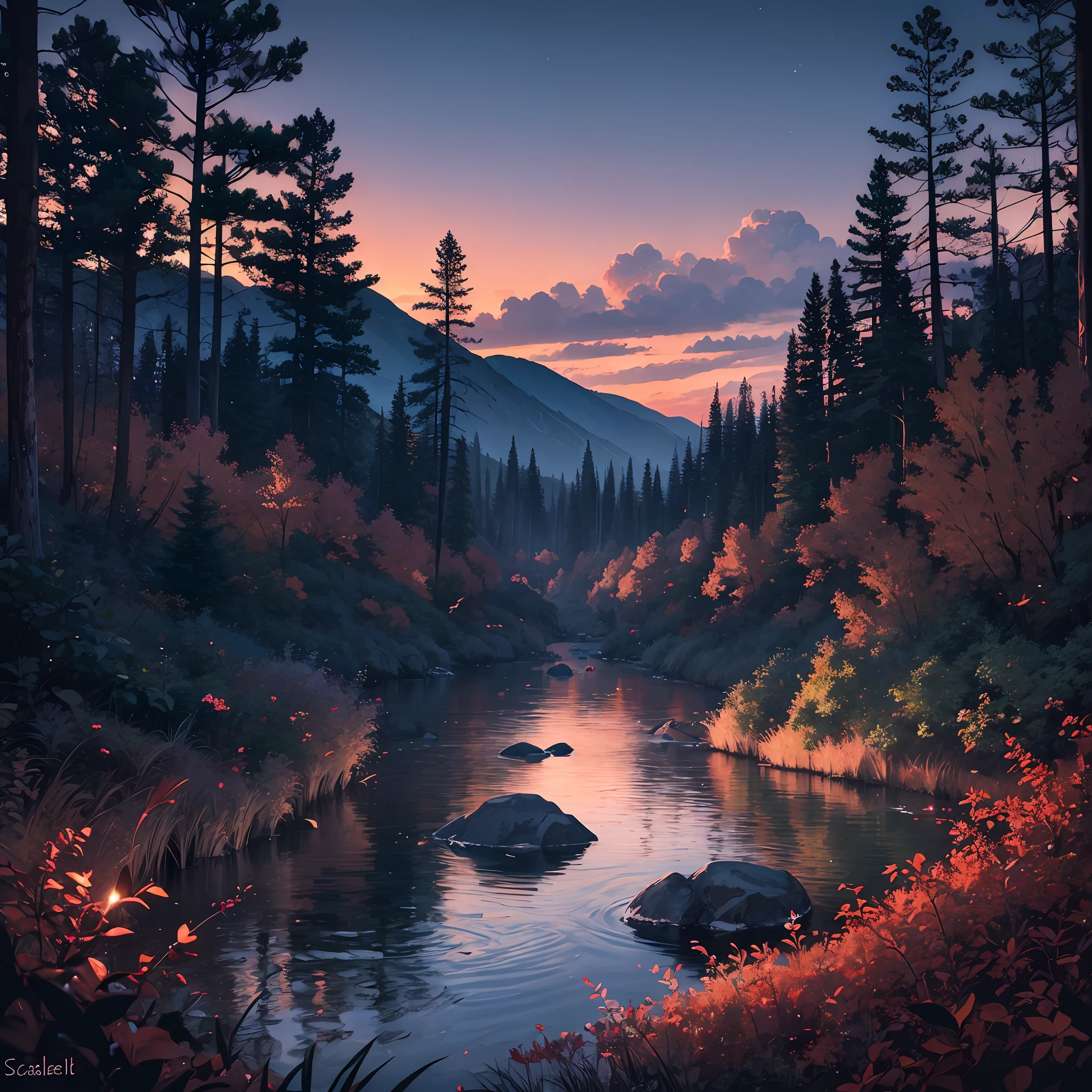 forest, night, multiple creeks, wet air, birds, (scarlet sunset), crystal clear water, glowing particles, scenery, (vast gradient skies:1.05), (mountains:0.8)