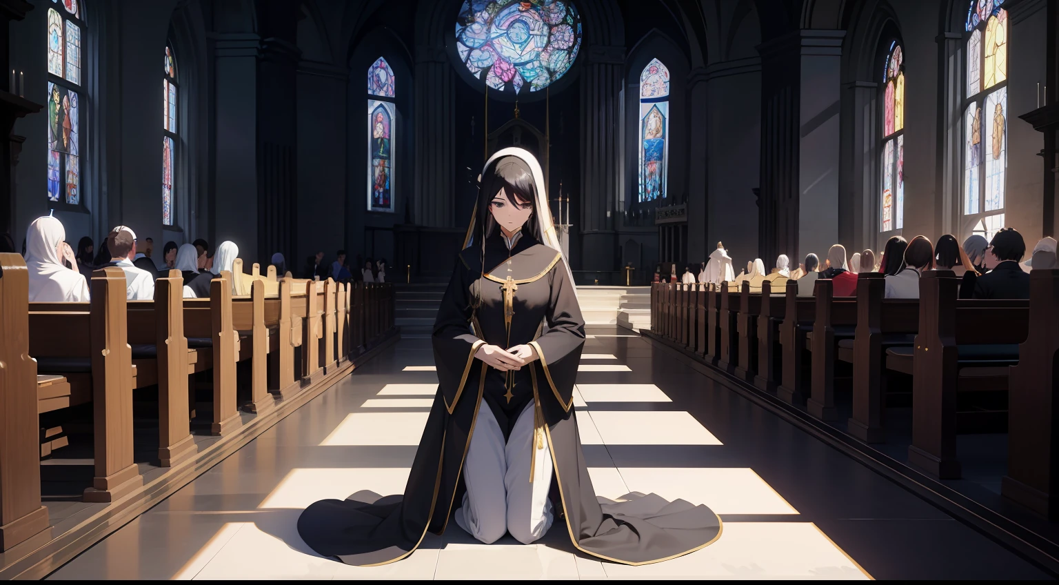Anime women,cabelos preto e longos,Formal suits,delicated,apathy,Advanced lighting,chies,Back Shadow,Back,symetrical composition,Knolling,kneel,Face the Pope,The scene is highly detailed,Broken flower stained glass in the church