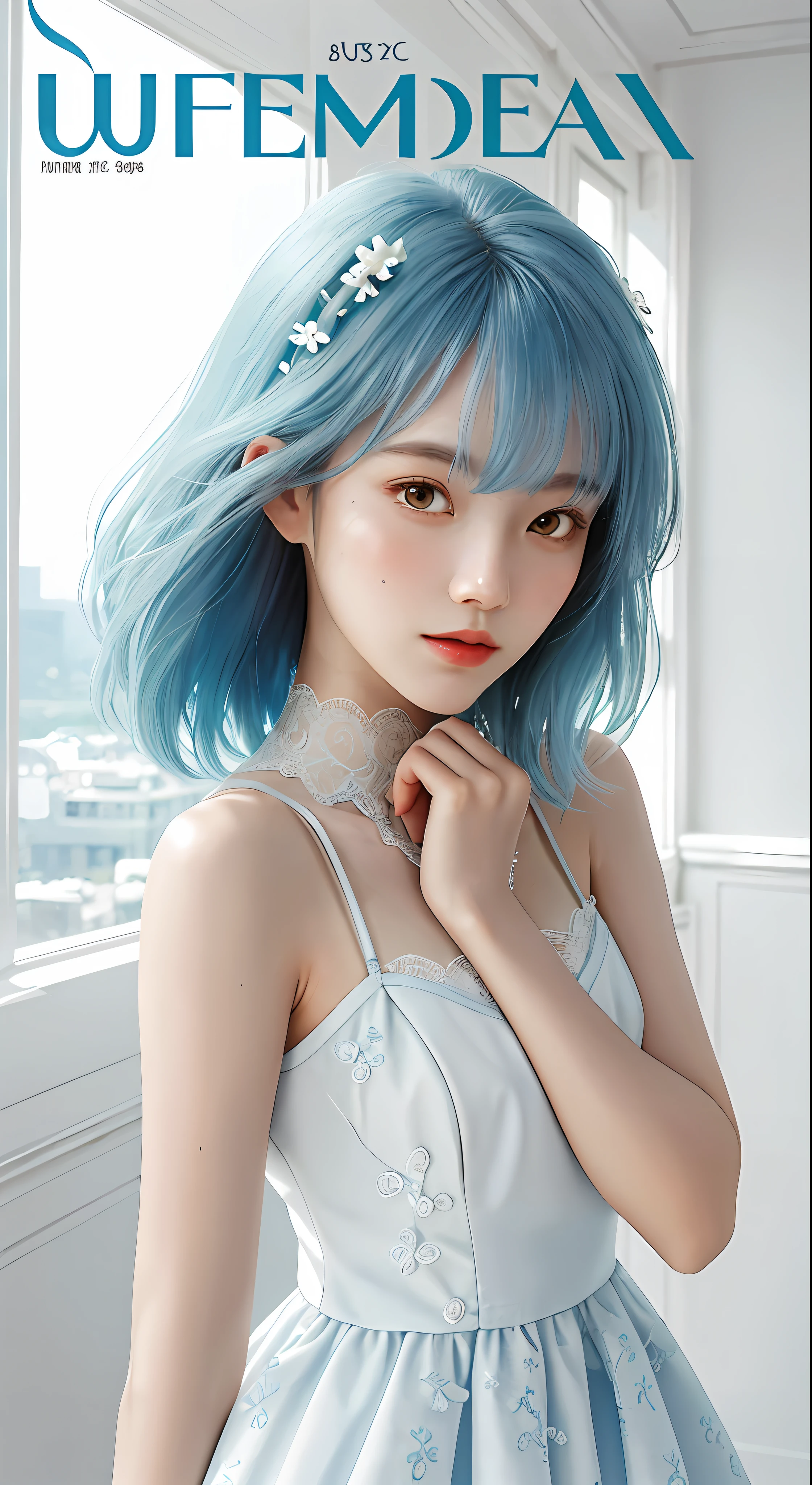 Masterpiece, Superb Style, Summer Dress, Color Hair, Indoor, Hotel, Magazine Cover, Upper Body, 1Girl, Delicate Hair, Arm Carving, Dream Blue Hair All Over, Delicate Shoes, Eye Carving, Delicate Hair, Clay Texture, Stepping on the Ground, Black and White Background, Natural Light, Best Quality, Ultra Detail, 8K, , (Facial Features to Be Clear)!!!! (The facial features are naturally rich, the character has only two legs and only five fingers on the hands)