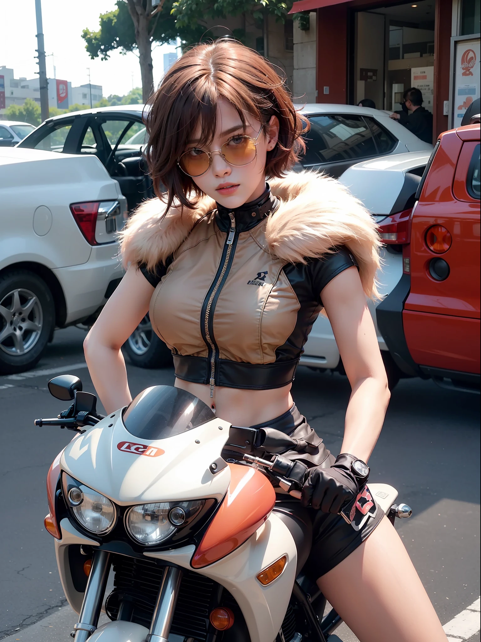 offcial art，Short hair sports girl，Short hair and hair ends dyed orange，wears dark glasses，Under the rays of the setting sun，Behind you is a silhouette of a busy city，8k 壁纸，Beauty and aesthetics，tmasterpiece，Best quality at best，dynamic angle，American，Raised sexy，Fauvistdesign，vivd colour，romanticism lain，atmospurate，Waiting on a motorcycle，Riding a creamy motorcycle，There is a pink bear on the back of the motorcycle，The girl holds a helmet in her hand
