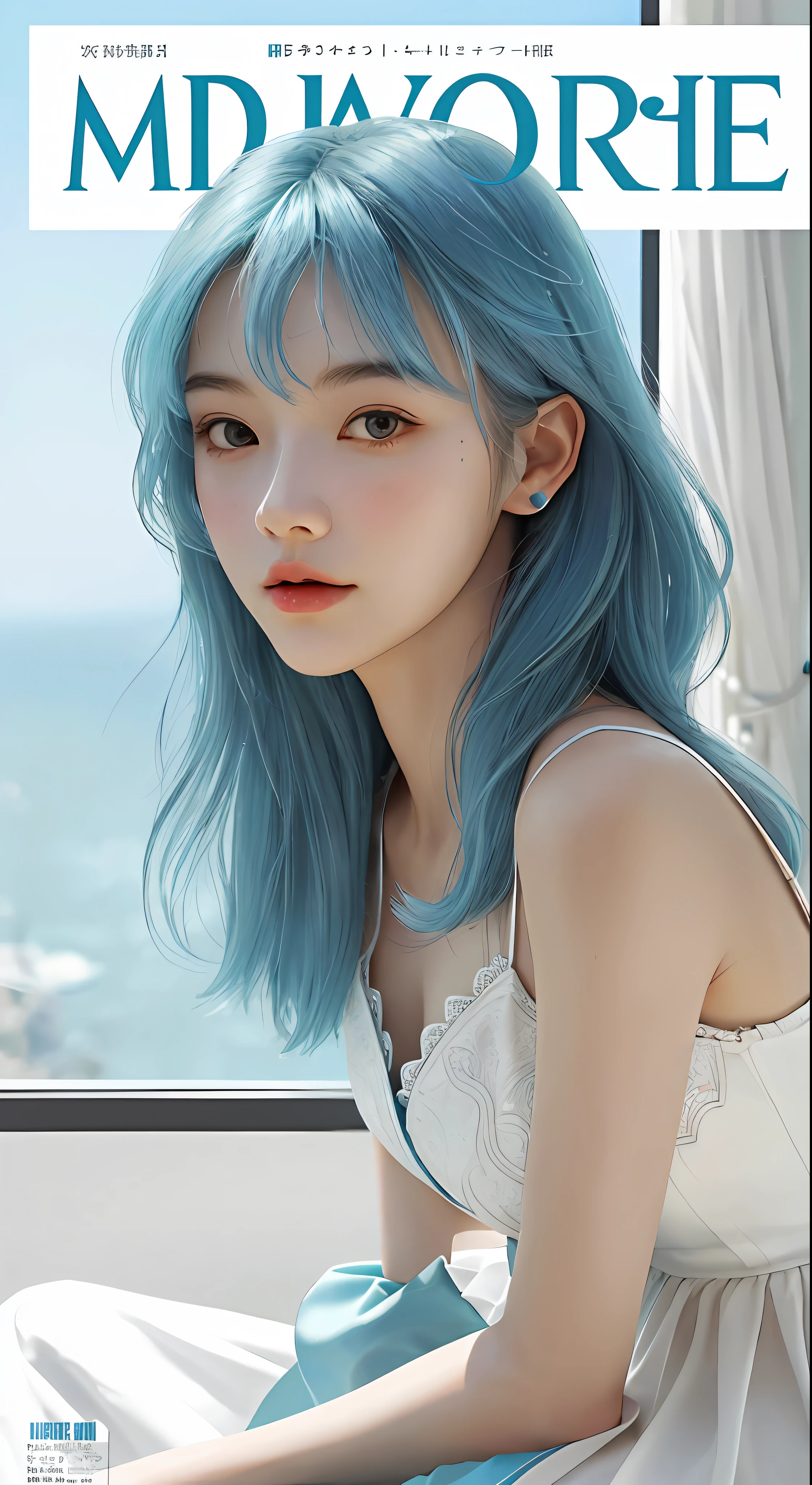 Masterpiece, Superb Style, Summer Dress, Color Hair, Indoor, Hotel, Magazine Cover, Upper Body, 1Girl, Delicate Hair, Arm Carving, Dream Blue Hair All Over, Delicate Shoes, Eye Carving, Delicate Hair, Clay Texture, Stepping on the Ground, Black and White Background, Natural Light, Best Quality, Ultra Detail, 8K, , (Facial Features to Be Clear)!!!! (The facial features are naturally rich, the character has only two legs and only five fingers on the hands)