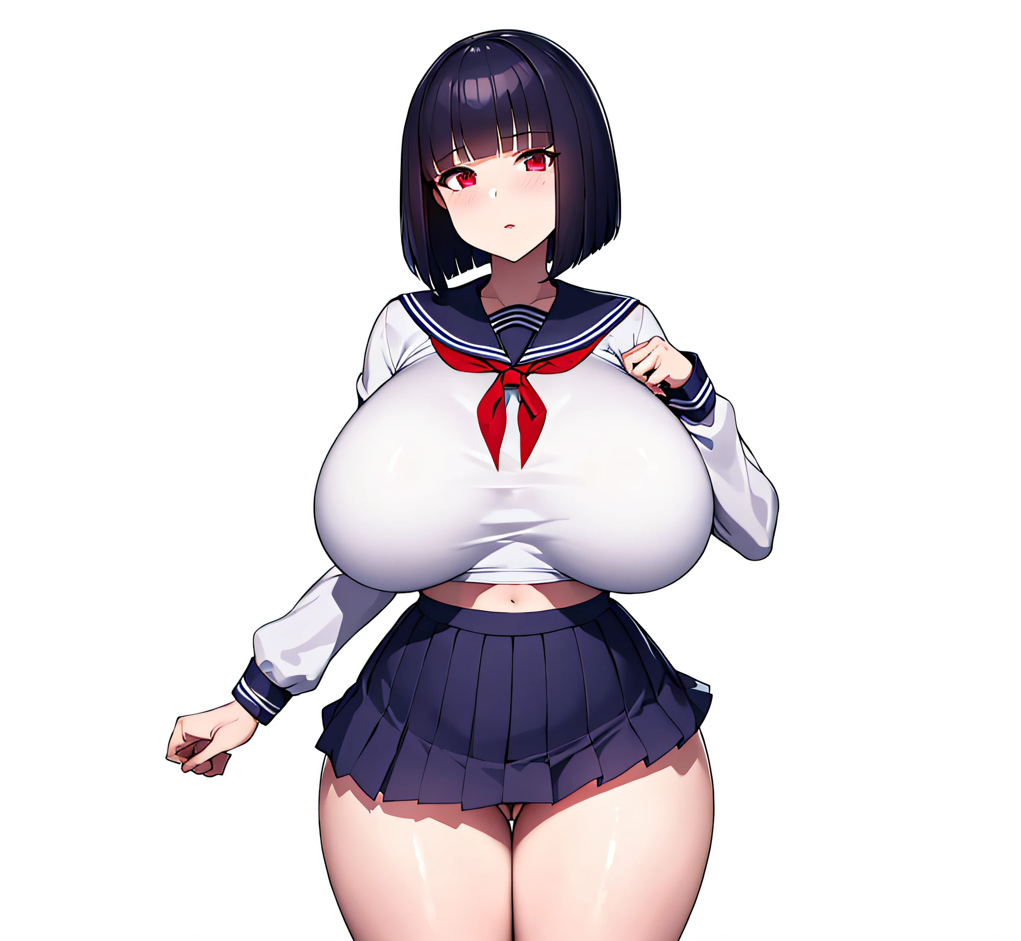 serafuku,very short pleated miniskirt,showing panties,1girl,front view,Facing forward,looking at viewer,anime colored,full body,(((gigantic breasts))),{{Huge breasts!!}}, Big breasts,Glowing Skin,Oil,{bob cut!!,blunt bangs},white background