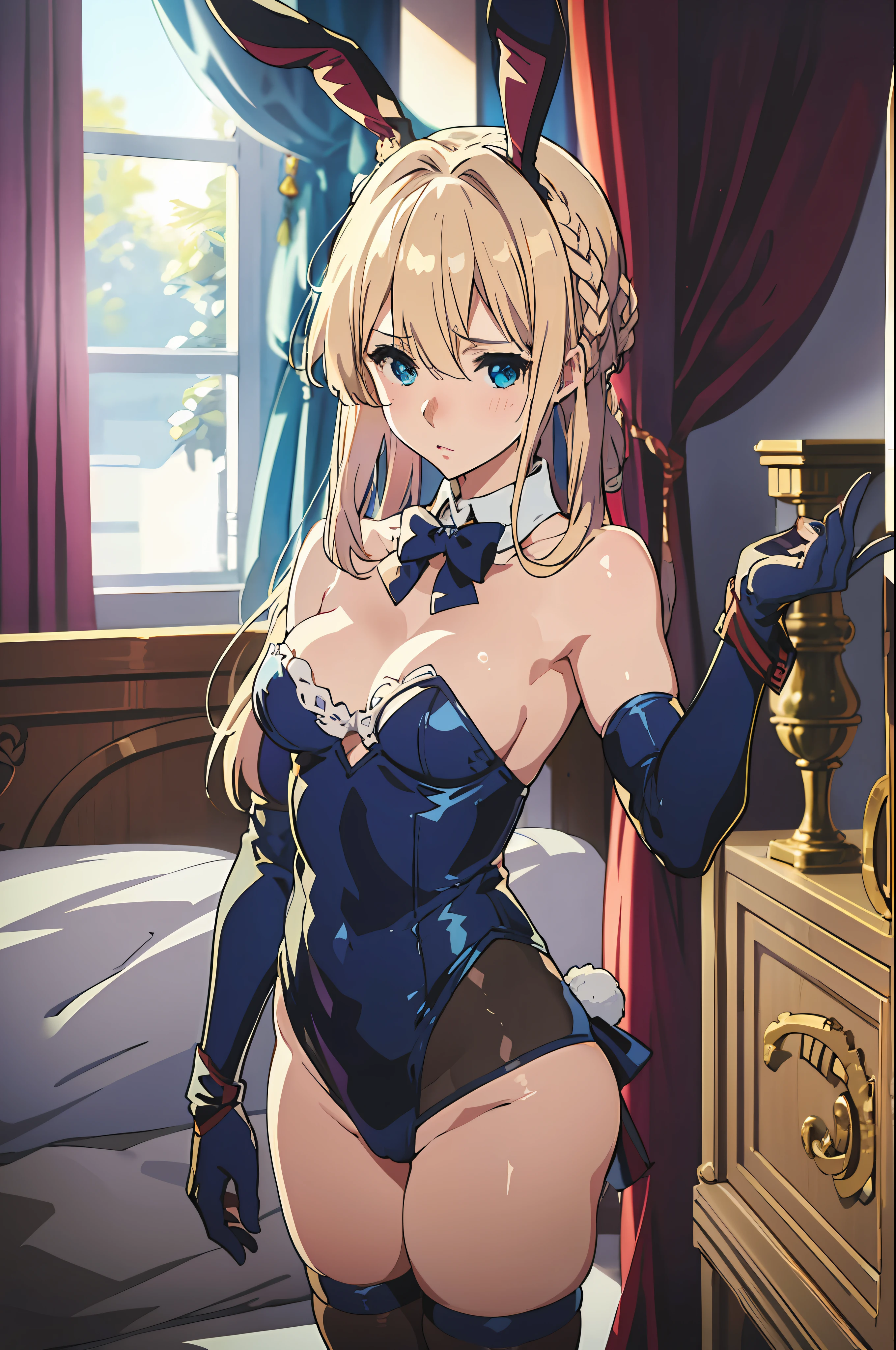 Violet evergarden, blonde, hair intakes, braid, red ribbon, blue playboy bunny, elbow gloves, ,standing,bunny ears, embarrassed, looking at viewer, on bed