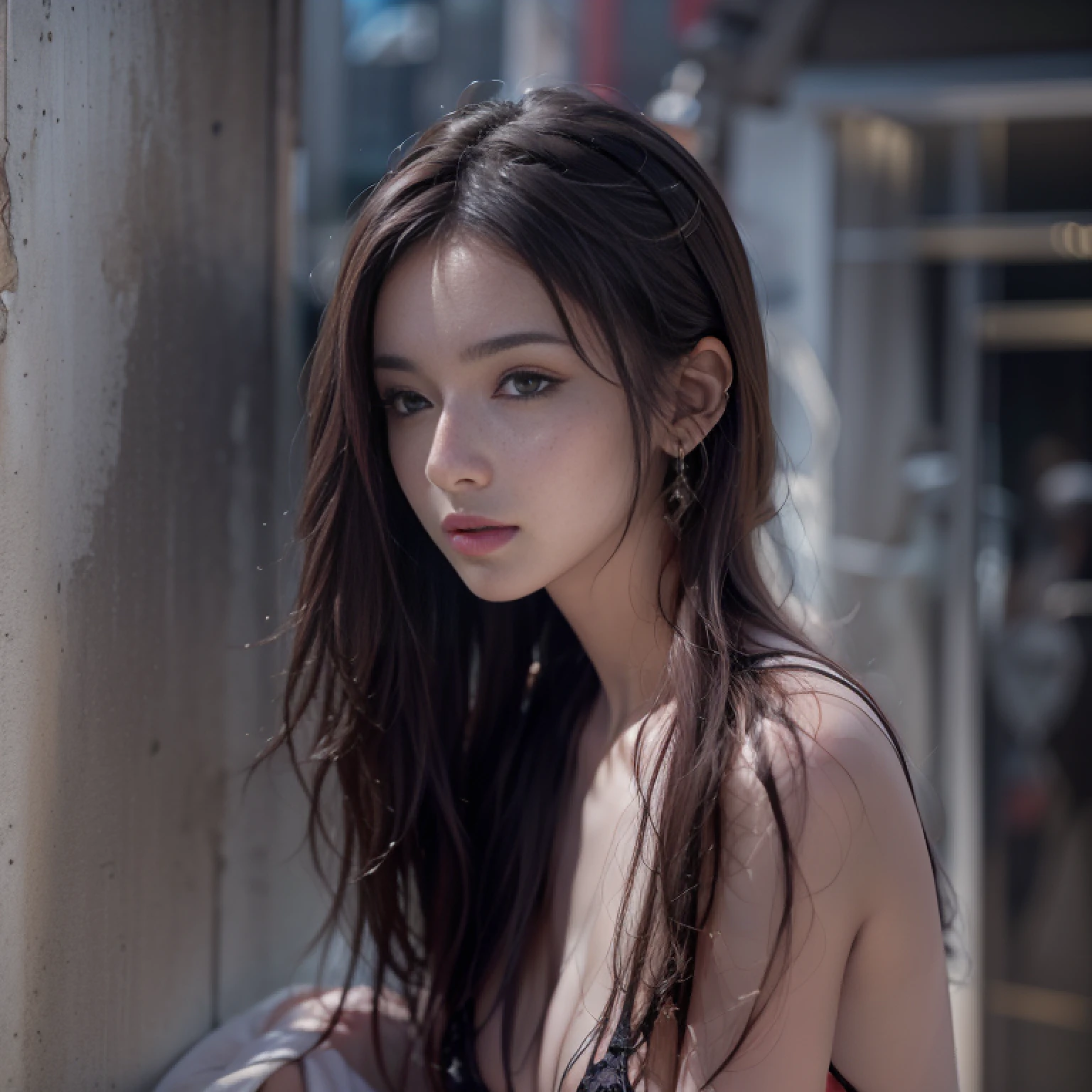 Nikon RAW photos，8K quality，Fujifilm XT3，tmasterpiece，best qualtiy，realisticlying，ultra - detailed，1 girl，独奏，closeup portrait，huge breasts1.3，Rooftop outdoor pool，Fully naked，Lingerie transparent，cabelos preto e longos，rich facial detail，Fine fine skin，tempting pose，hair straight