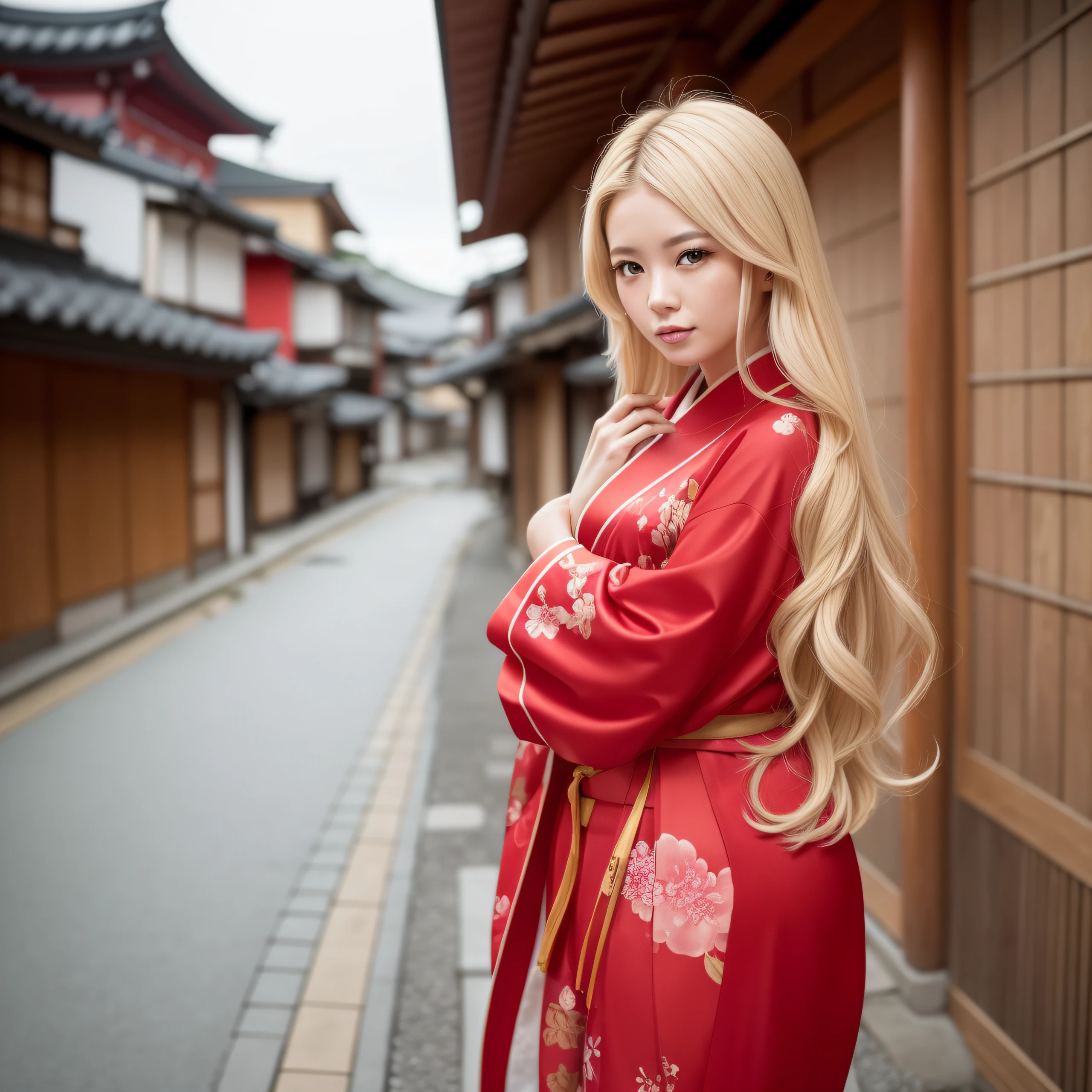 Lonely woman, Wearing a bright red kimono, Sheer,Blonde hair and young in her early 20s々Appearance. Perfect composition, Perfect face, Perfect physique, Golden ratio.8K. background is kyoto.