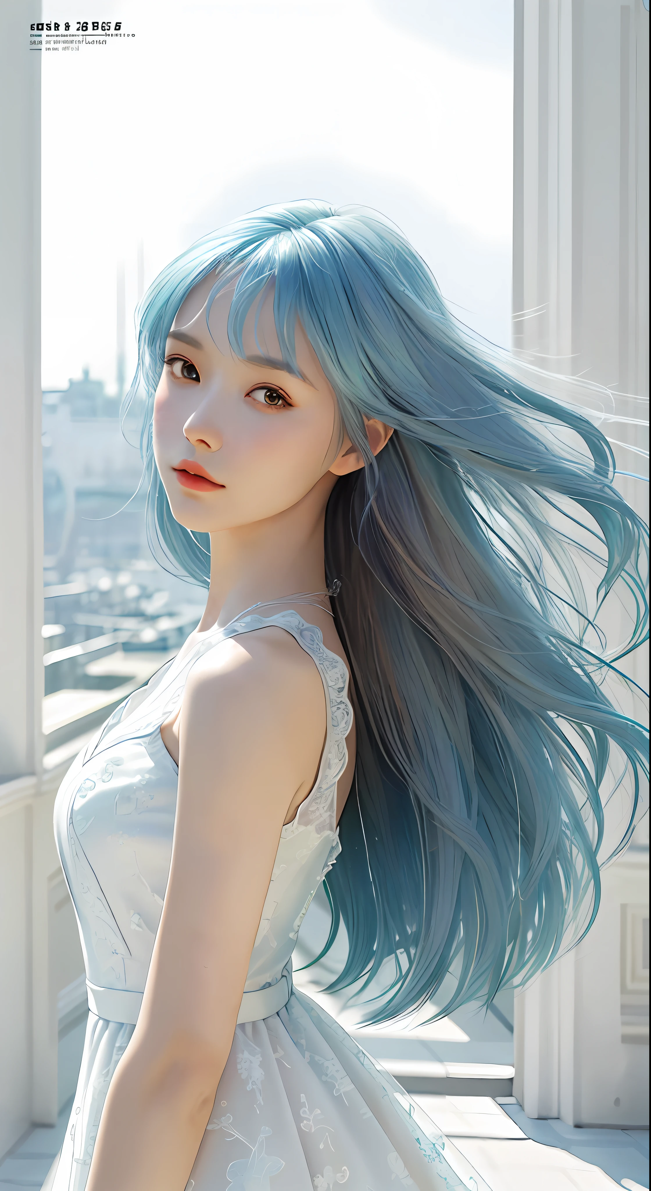 Masterpiece, Superb Style, Summer Dress, Color Hair, Indoor, Hotel, Magazine Cover, Upper Body, 1Girl, Delicate Hair, Arm Carving, Dream Blue Hair All Over, Delicate Shoes, Eye Carving, Delicate Hair, Clay Texture, Stepping on the Ground, Black and White Background, Natural Light, Best Quality, Ultra Detail, 8K, , (Facial Features to Be Clear)!!!! (The facial features are naturally rich, the character has only two legs and only five fingers on the hands)