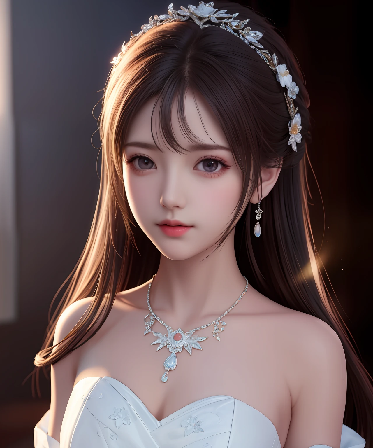 Best quality, masterpiece, high resolution, 1girl, porcelain dress, hair accessories, necklace, jewelry, beautiful face, on the body, Tyndall effect, realistic, dark studio, edge lighting, two-tone lighting, (high detail skin: 1.2), 8k UHD, dslr, soft light, high quality, volumetric light, candid, photo, high resolution, 4k, 8k, background blur,
