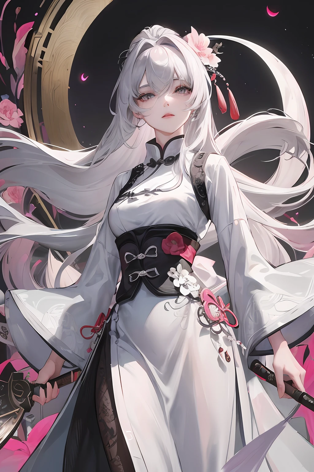 Masterpiece, Best quality, Night, full moon, 1 girl, Mature woman, Chinese style, Ancient China, sister, Royal Sister, Cold expression, Expressionless face, Silver white long haired woman, Light pink lips, calm, Intellectual, tribelt, Gray pupils, assassins, short knife, flower ball background, Stroll through the street view