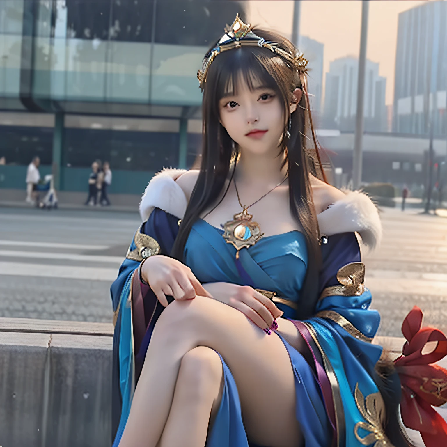 There is a woman in a blue dress and a gold headdress, a beautiful fantasy empress, ((a beautiful fantasy empress)), Palace , A girl in Hanfu, Guviz-style artwork, Beautiful character painting, Beautiful anime characters, Stunning anime face portrait, Beautiful anime woman, by Yang J, Beautiful anime girl, Guviz