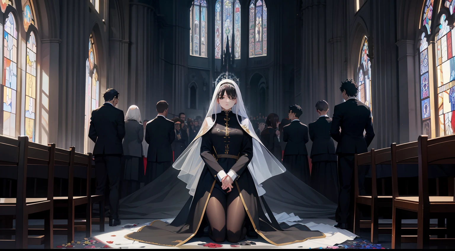 Anime women,cabelos preto e longos,Formal suits,delicated,apathy,Advanced lighting,chies,Back Shadow,Back,symetrical composition,Knolling,kneel,Face the Pope,The scene is highly detailed,Broken flower stained glass in the church