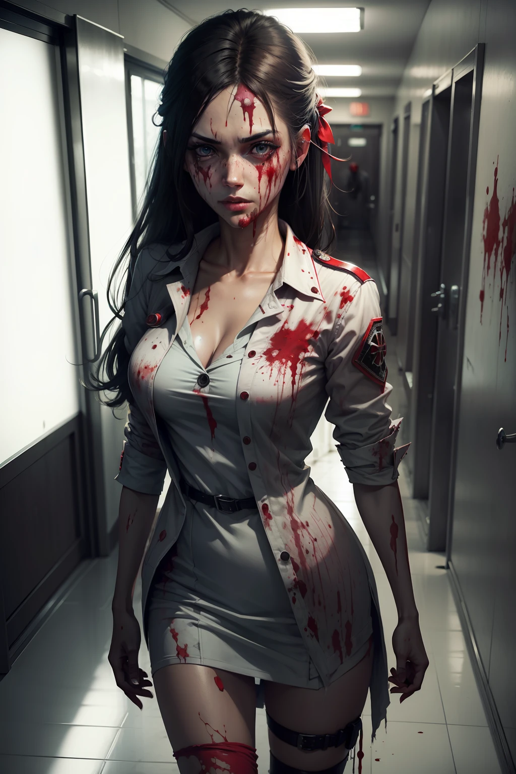 k hd,Kizi,Bloody face,Bloodstained clothes,wounded,zombie,nurse's outfit,an empty hallway,hospitals,