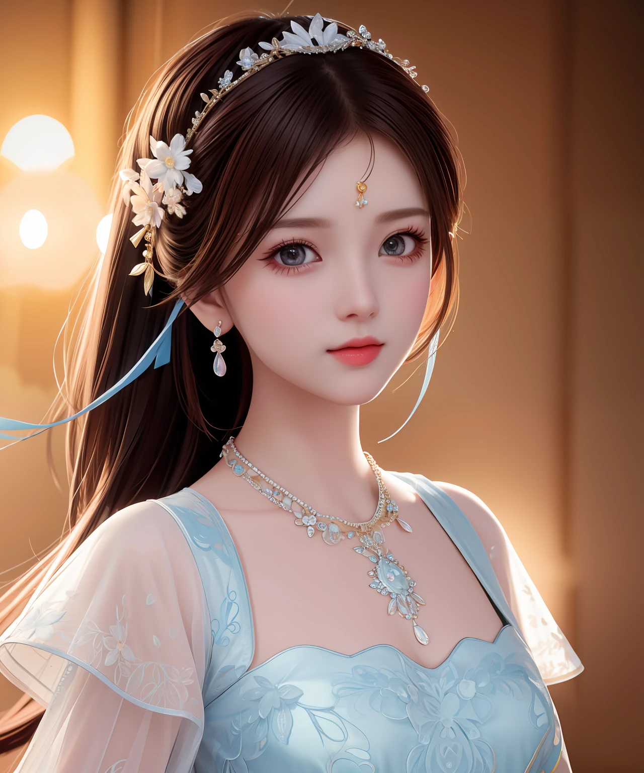 Best Quality, Masterpiece, High Resolution, 1girl, Porcelain Dress, Hair Accessories, Necklace, Jewelry, Pretty Face, On Body, Tyndall Effect, Realistic, Shadow Studio, Rim Lighting, Dual Tone Lighting, (High Detail Skins: 1.2), 8k UHD, dslr, soft light, high quality, volume light, sneak shot, photo, high resolution, 4k, 8k, background blur,
