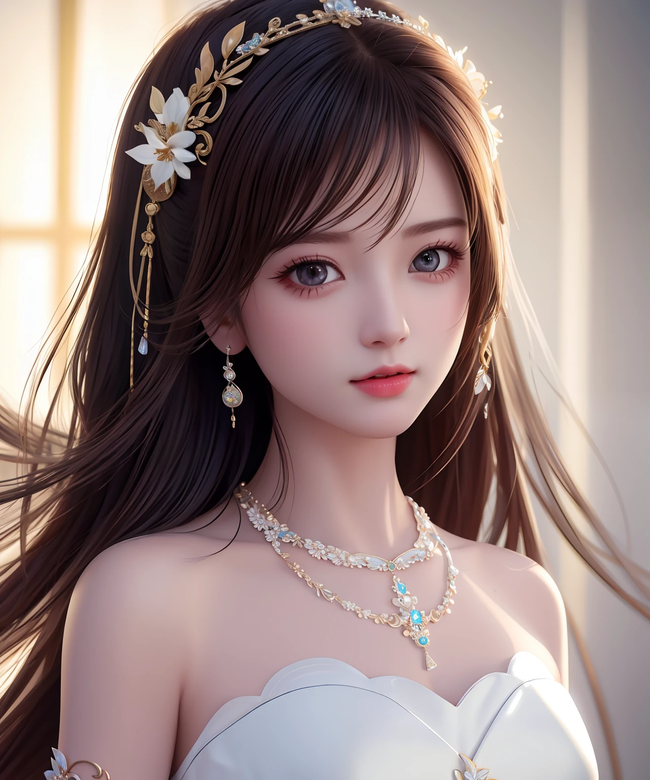 Best Quality, Masterpiece, High Resolution, 1girl, Porcelain Dress, Hair Accessories, Necklace, Jewelry, Pretty Face, On Body, Tyndall Effect, Realistic, Shadow Studio, Rim Lighting, Dual Tone Lighting, (High Detail Skins: 1.2), 8k UHD, dslr, soft light, high quality, volume light, sneak shot, photo, high resolution, 4k, 8k, background blur,