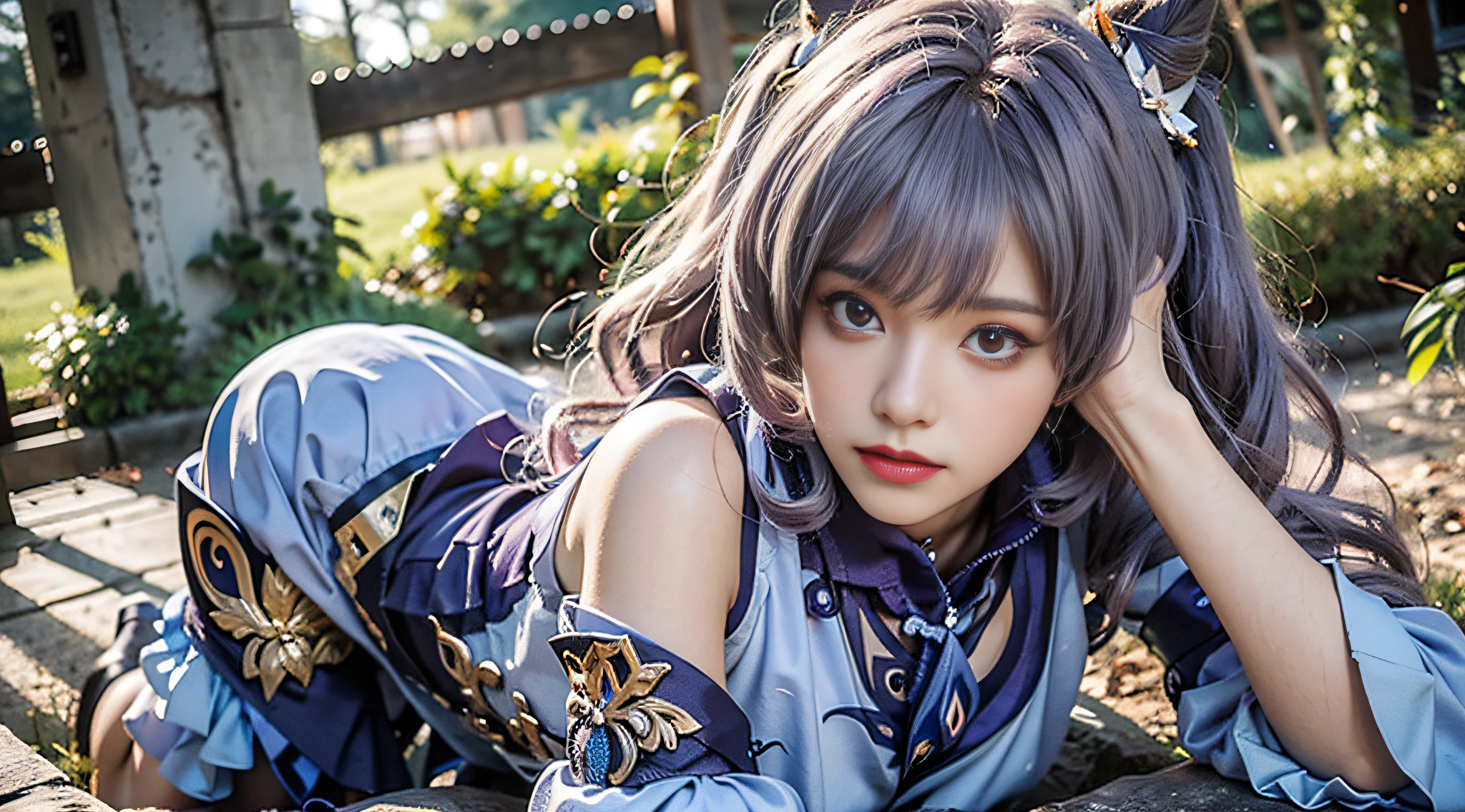 Masterpiece, best quality, detail, depth of field, ultra-realistic, realistic face and eyes, realistic skin texture, cinematic lighting, eyes to see the audience. 1 girl, solo, (frown, closed mouth), keqing_\(genshin_impact\), purple_eyes, purple hair, double tail, sharp eyes, serious face, gloves, black stockings, outdoor, purple lightning, fileg, lightning glowing sword, purple lightning, upper body