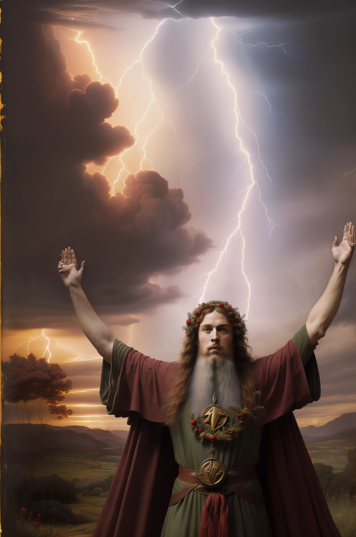 hands in worship. ((( Pre-Raphaelite painting of a druid in worship with arms raised, vestes vermelhas, Lightning crosses the sky, espinheiro-negro sem folhas, predominance of red tones))) paisagem celta, clouds and mist