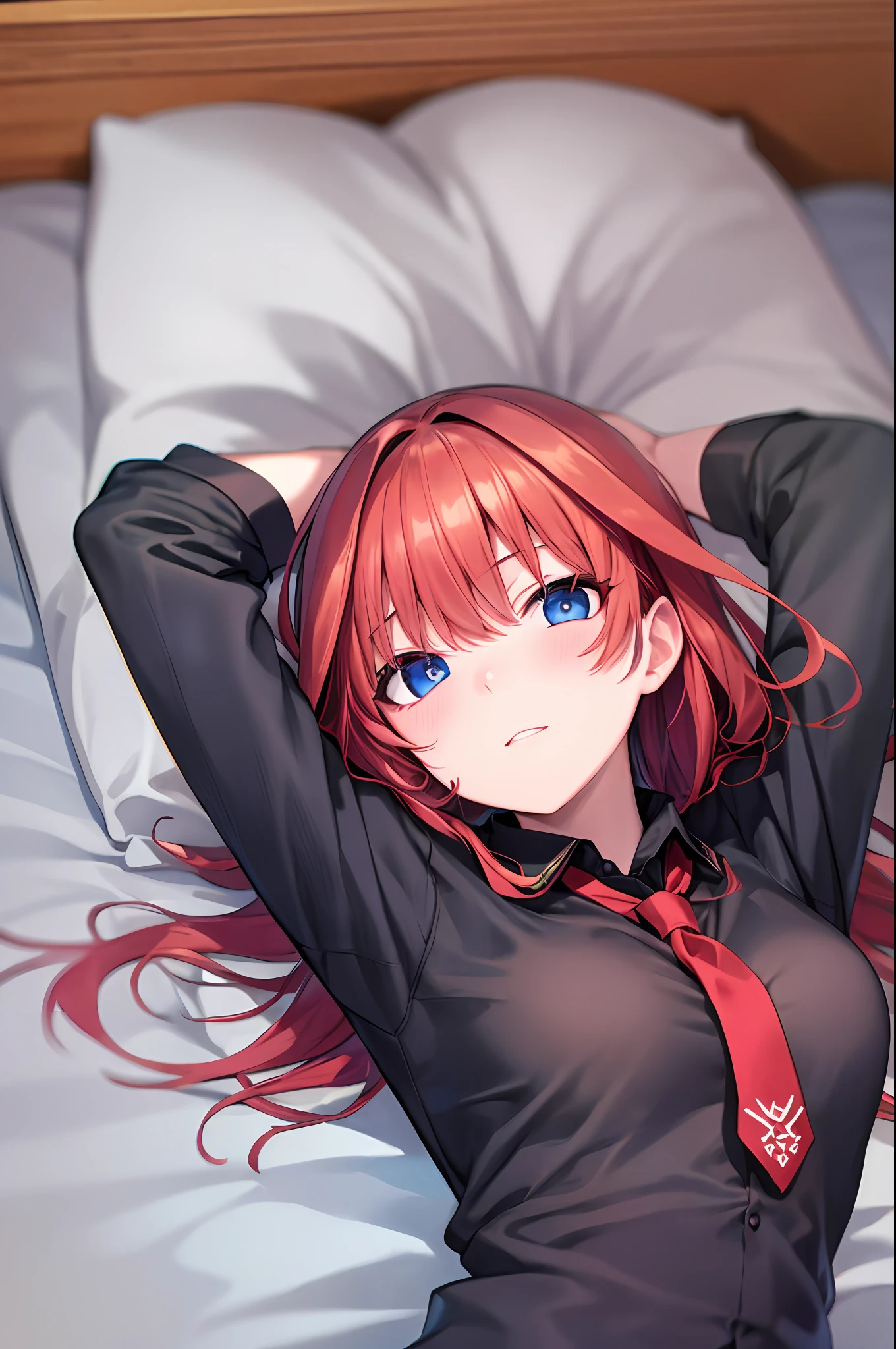 1nakano itsuki, blue eyes, black shirt, red hair, red necktie, lying, on back, bed, arms up, military uniform, small breasts, pencil skirt, masterpiece, highres, best quality