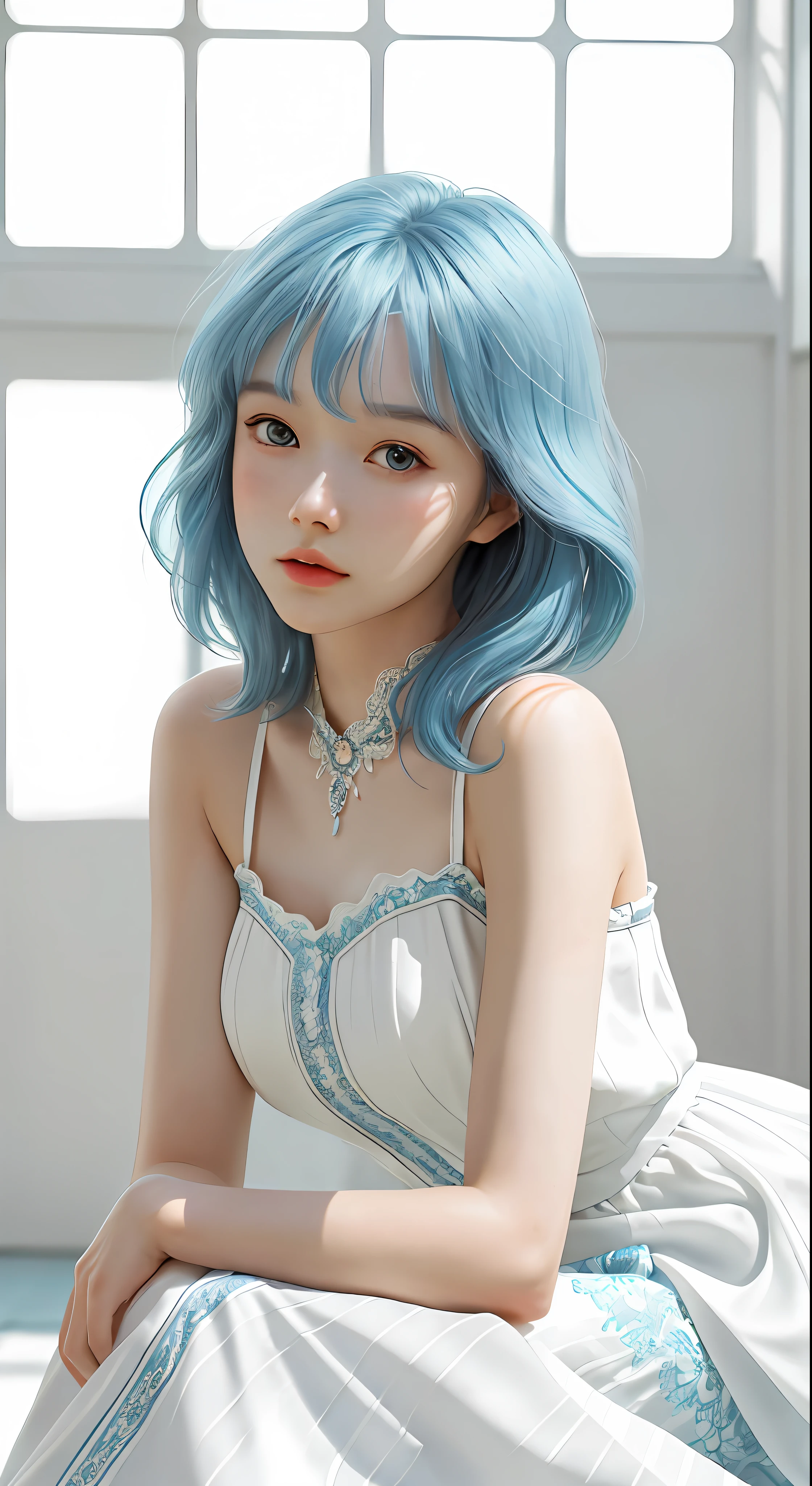 Masterpiece, Superb Style, Summer Dress, Color Hair, Indoor, Hotel, Magazine Cover, Upper Body, 1Girl, Delicate Hair, Arm Carving, Dream Blue Hair All Over, Delicate Shoes, Eye Carving, Delicate Hair, Clay Texture, Stepping on the Ground, Black and White Background, Natural Light, Best Quality, Ultra Detail, 8K, , (Facial Features to Be Clear)!!!! (The facial features are naturally rich, the character has only two legs and only five fingers on the hands)