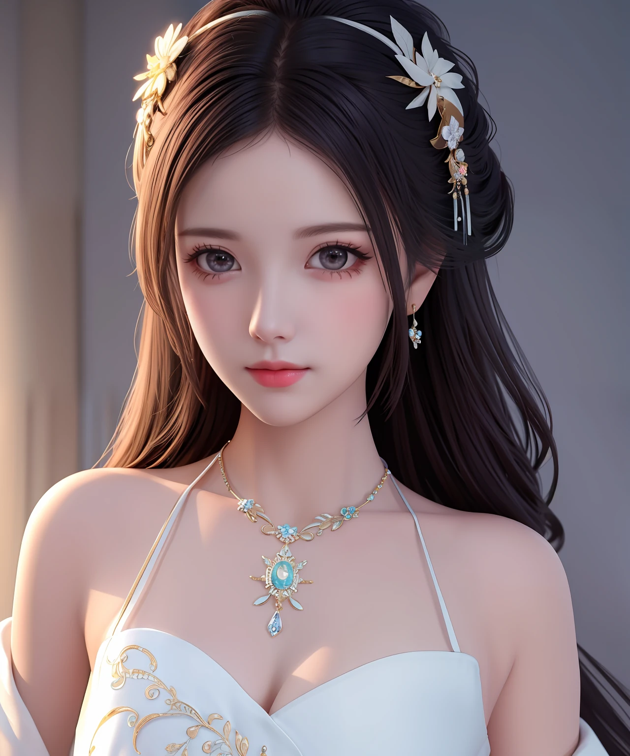 Best Quality, Masterpiece, High Resolution, 1girl, Porcelain Dress, Hair Accessories, Necklace, Jewelry, Pretty Face, On Body, Tyndall Effect, Realistic, Shadow Studio, Rim Lighting, Dual Tone Lighting, (High Detail Skins: 1.2), 8k UHD, dslr, soft light, high quality, volume light, sneak shot, photo, high resolution, 4k, 8k, background blur,