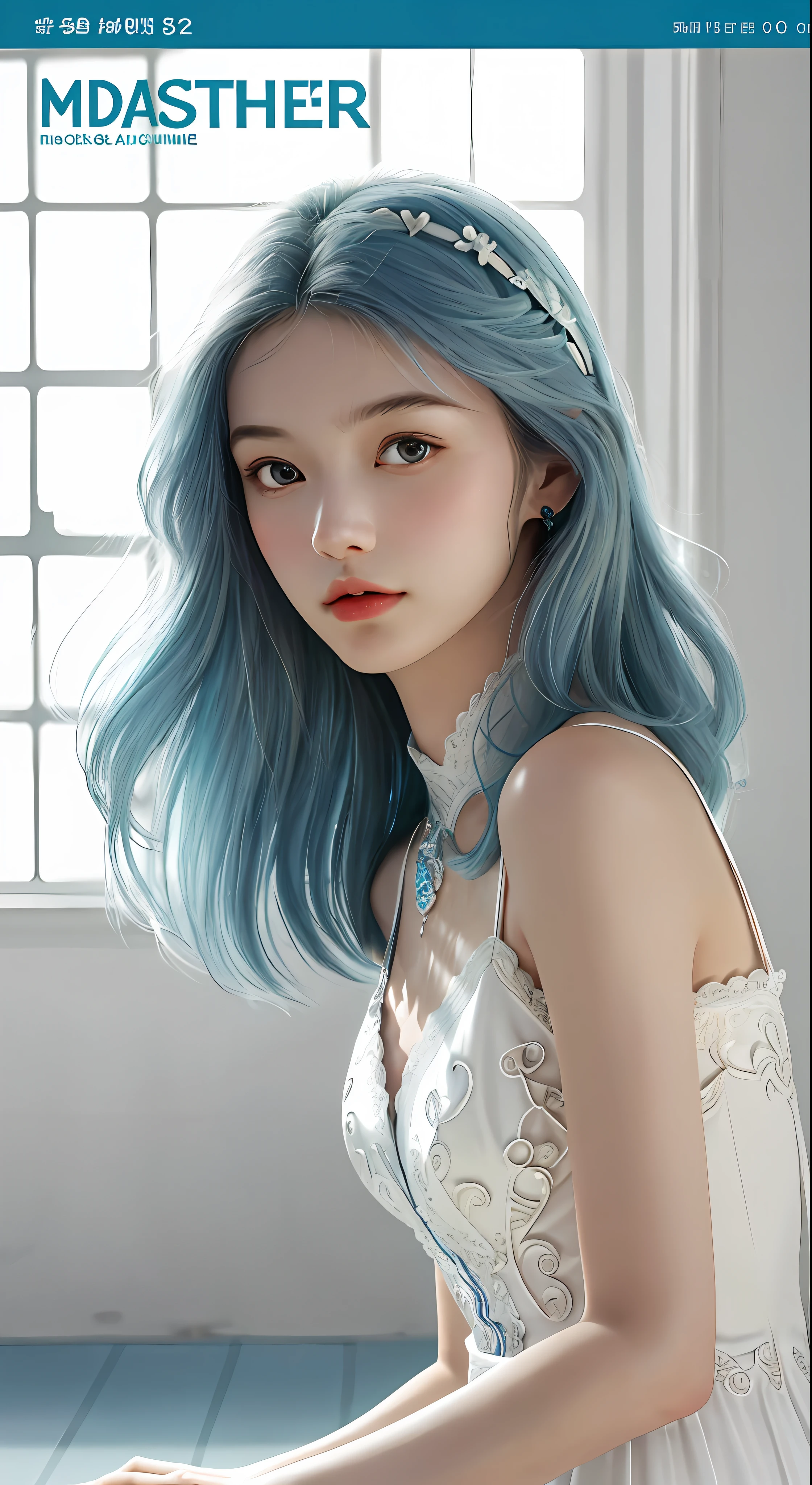 Masterpiece, Superb Style, Summer Dress, Color Hair, Indoor, Hotel, Magazine Cover, Upper Body, 1Girl, Delicate Hair, Arm Carving, Dream Blue Hair All Over, Delicate Shoes, Eye Carving, Delicate Hair, Clay Texture, Stepping on the Ground, Black and White Background, Natural Light, Best Quality, Ultra Detail, 8K, , (Facial Features to Be Clear)!!!! (The facial features are naturally rich, the character has only two legs and only five fingers on the hands)