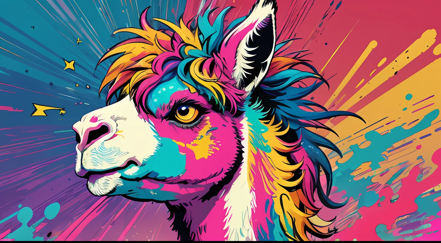 extreme quality, cg, detailed face+eyes, (bright colors), splashes of color background, colors mashing, paint splatter, complimentary colors, electric, neon, magical, llama, impatient, (limited palette), synththwave, masterpiece, fine art, tan skin, upperbody