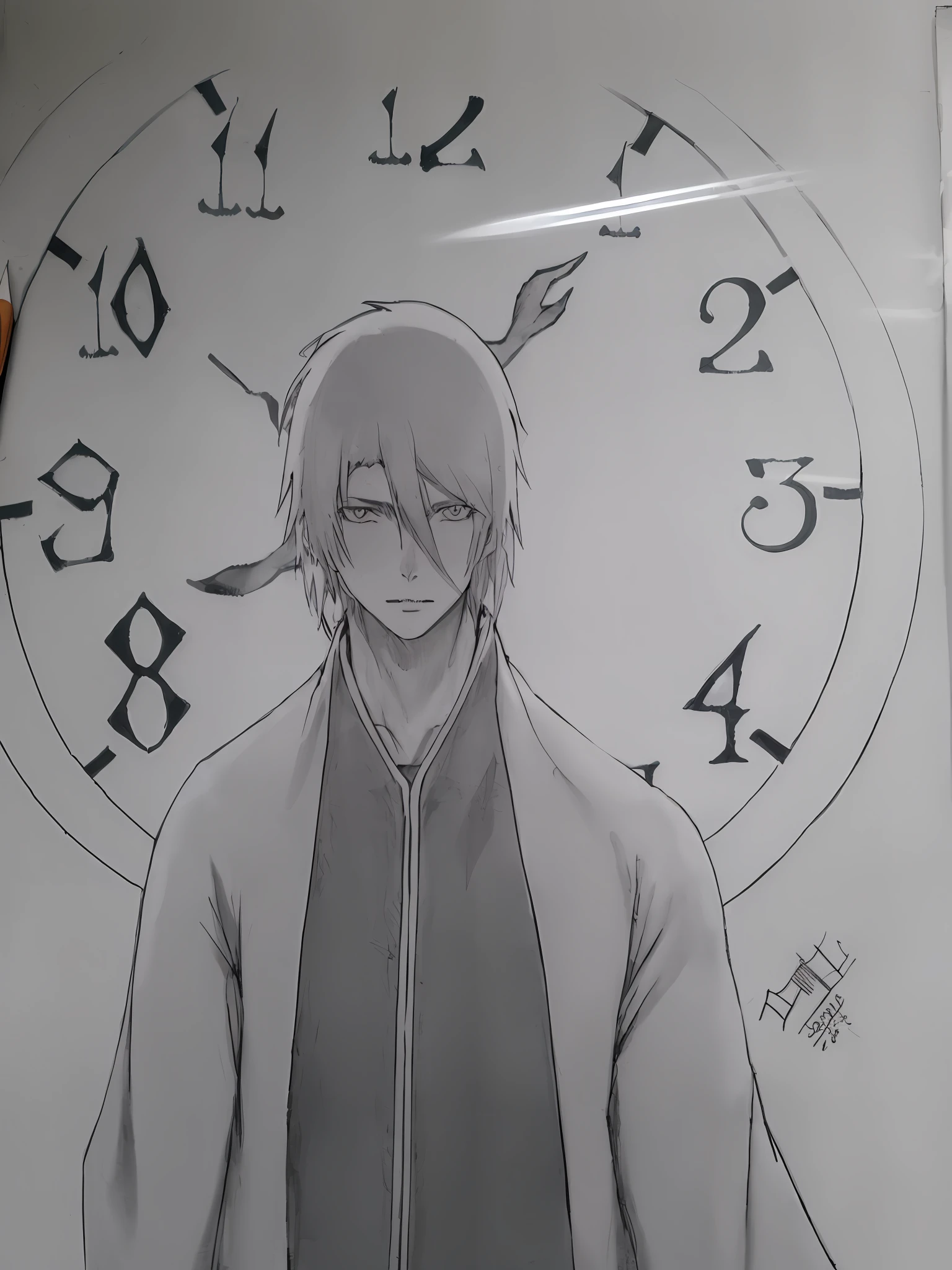 Drawing of a man with a clock in the background, inspired by Munakata Shikō, inspirado em Kamisaka Sekka, um desenho de anime, pencil and ink manga drawing, desenho estilo anime, inspirado em Yamagata Hiro, itatchi uchiha, Okita Sougo, desenho de anime, inspired by Itō Ogura Yonesuke