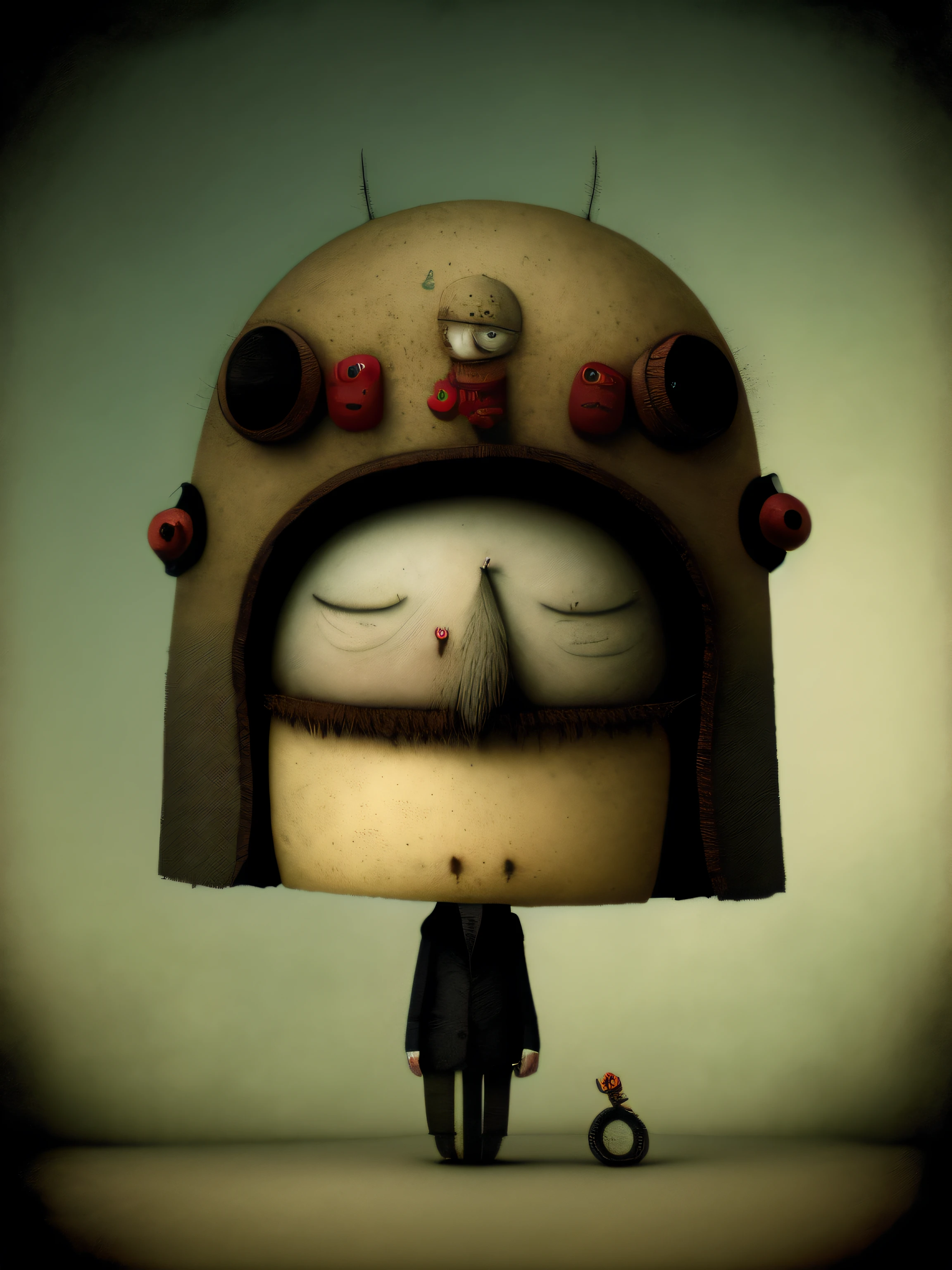 Mujere en bicicleta con paraguasl personajes de dibujos animados vestidos con abrigos y sombreros , Anton Semenov, Personajes de Maquinarium, Pupilas dot, Tres ojos, Seis de Little Nightmares, 3 cabezales, tres cabezas, sonrisas espeluznantes, , Somber, por Yi Inmun, Teniente Tadeusz Brzozowski, pocos globos oculares, horripilante!!, Arte conceptual post grunge