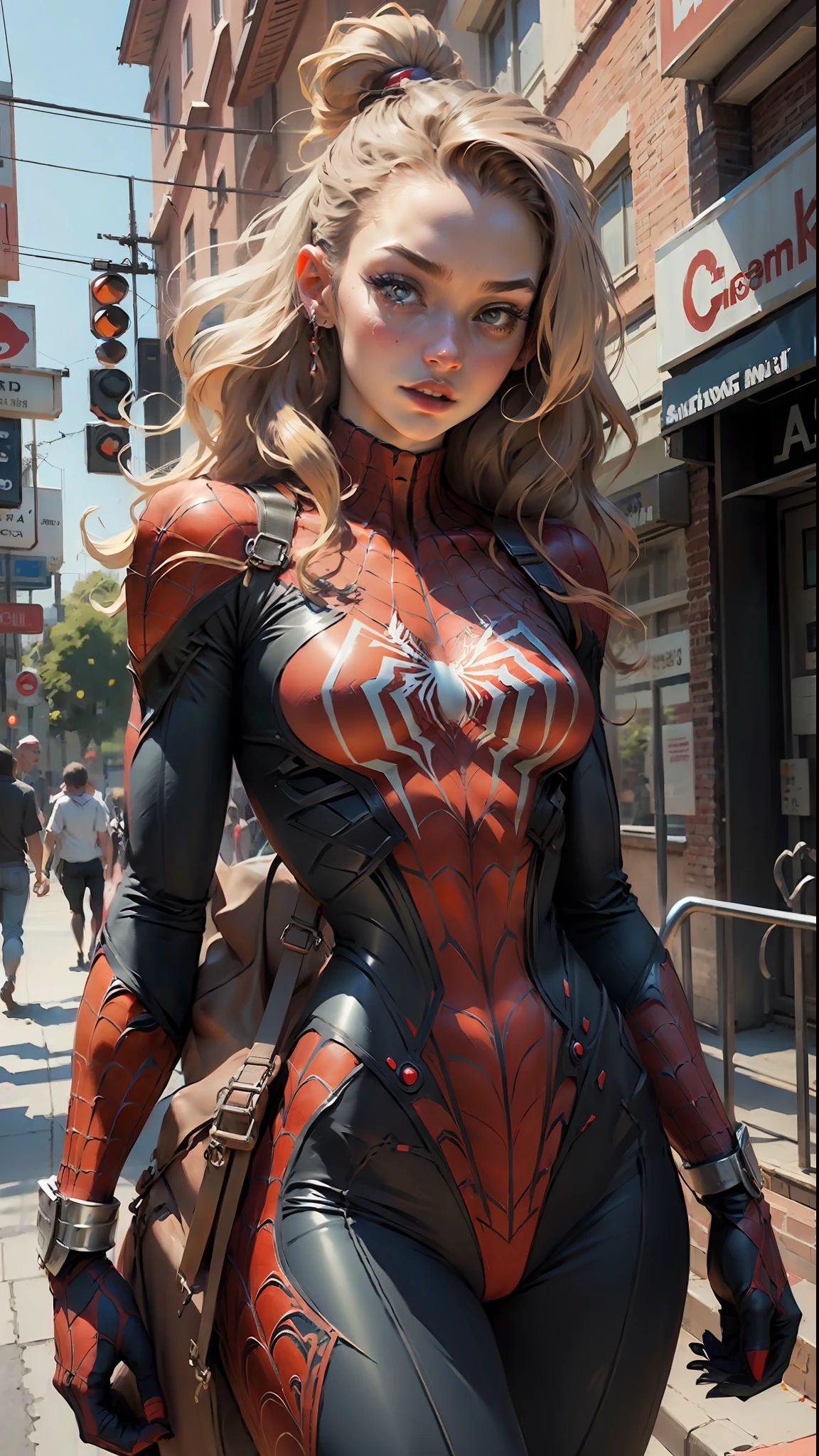 Beautiful woman detailed defined body using spider man cosplay, small breasts