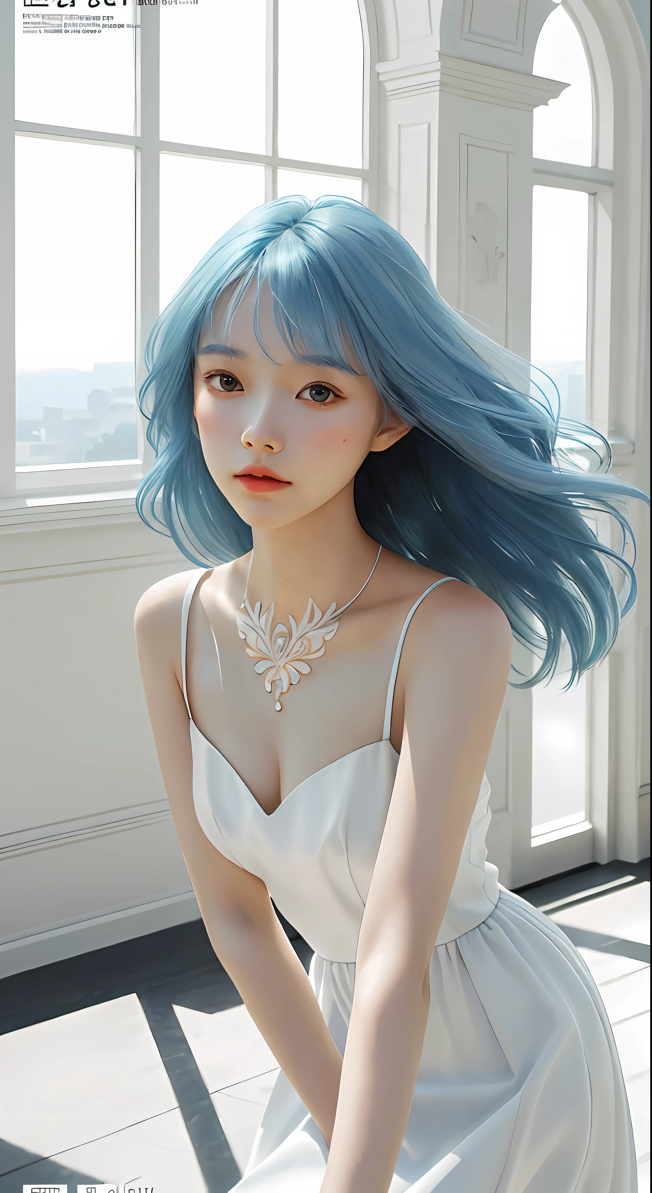 Masterpiece, Superb Style, Summer Dress, Color Hair, Indoor, Hotel, Magazine Cover, Upper Body, 1Girl, Delicate Hair, Arm Carving, Dream Blue Hair All Over, Delicate Shoes, Eye Carving, Delicate Hair, Clay Texture, Stepping on the Ground, Black and White Background, Natural Light, Best Quality, Ultra Detail, 8K, , (Facial Features to Be Clear)!!!! (The facial features are naturally rich, the character has only two legs and only five fingers on the hands)