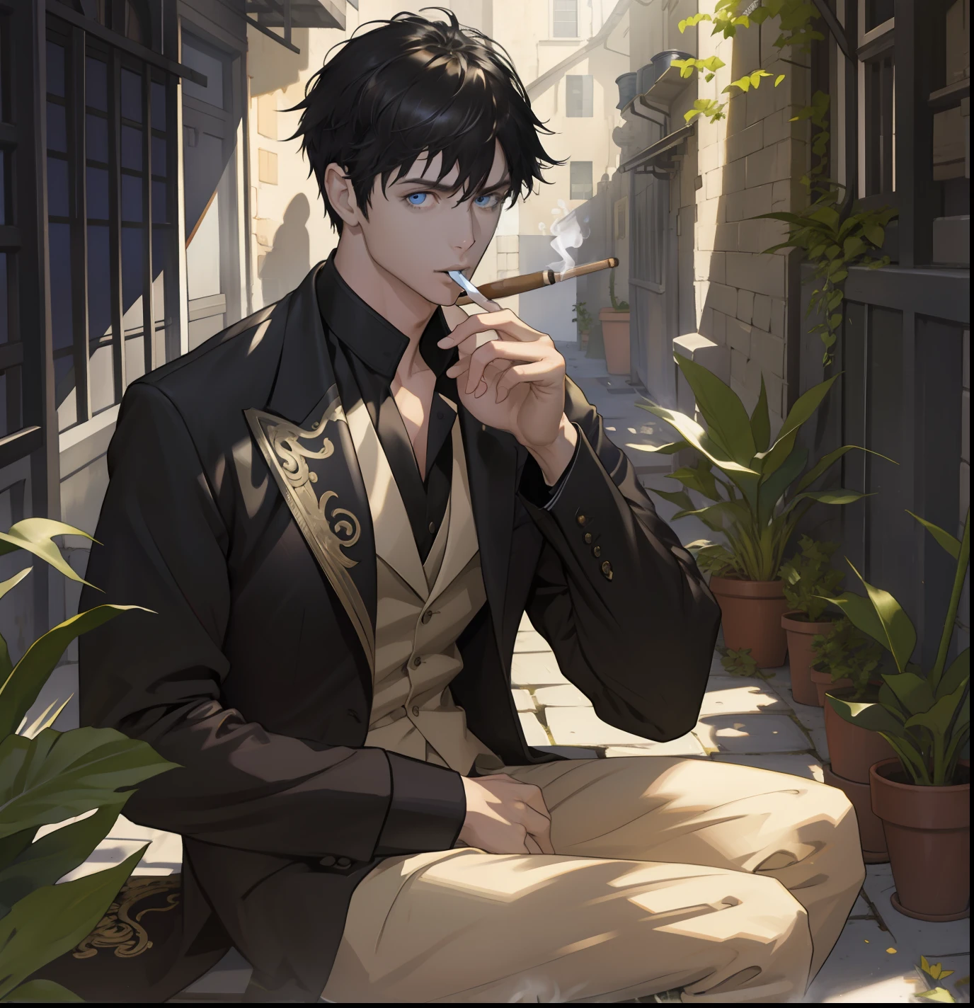 masterpiece, best quality, 1 male, adult, handsome,  finely detailed eyes and detailed face, extremely detailed CG unity 8k wallpaper, intricate details, very short black hair, best ratio four finger and one thumb, best light and shadow, background is back alley, detailed sunlight, sitting, dappled sunlight, day, plants, summer, depth of field, smoking cigar, cigar, smoking