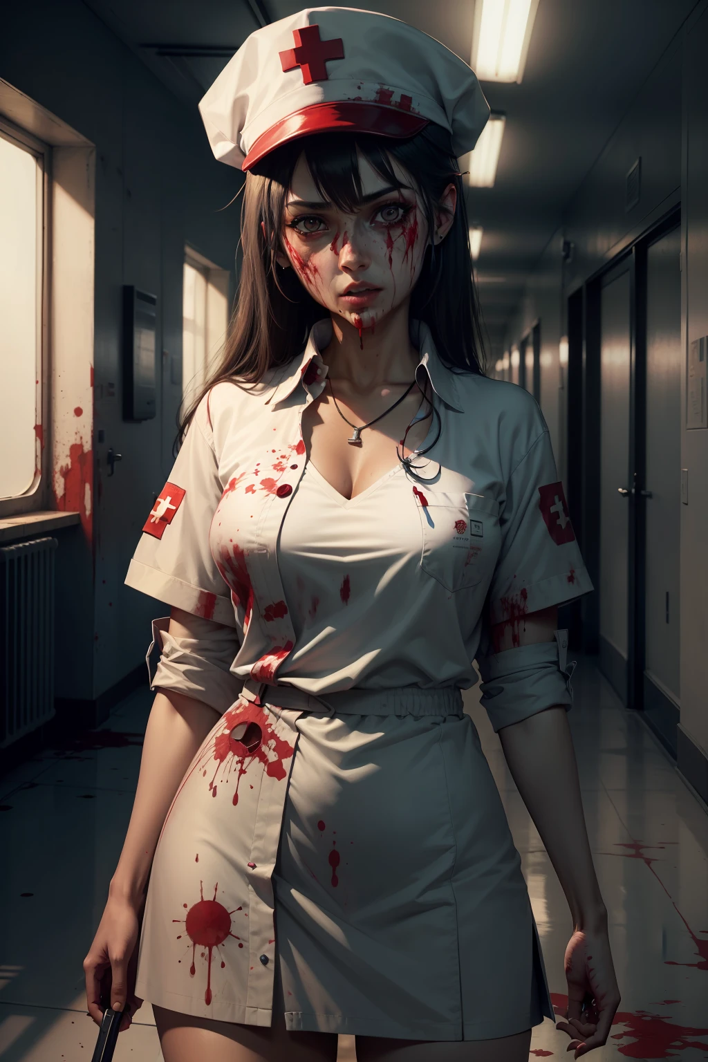 k hd,Kizi,Bloody face,bloodstained clothes,wounded,zombie,nurse's outfit,an empty hallway,hospitals,nurse hat