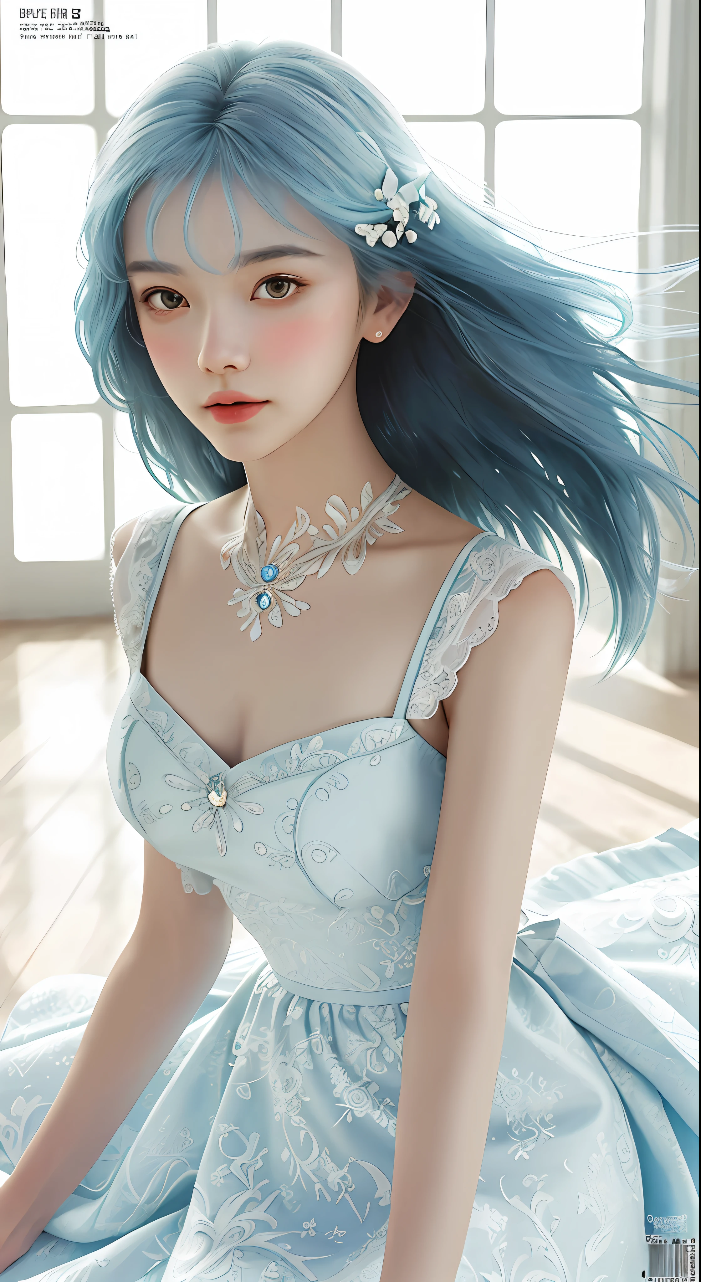 Masterpiece, Superb Style, Summer Dress, Color Hair, Indoor, Hotel, Magazine Cover, Upper Body, 1Girl, Delicate Hair, Arm Carving, Dream Blue Hair All Over, Delicate Shoes, Eye Carving, Delicate Hair, Clay Texture, Stepping on the Ground, Black and White Background, Natural Light, Best Quality, Ultra Detail, 8K, , (Facial Features to Be Clear)!!!! (The facial features are naturally rich, the character has only two legs and only five fingers on the hands)