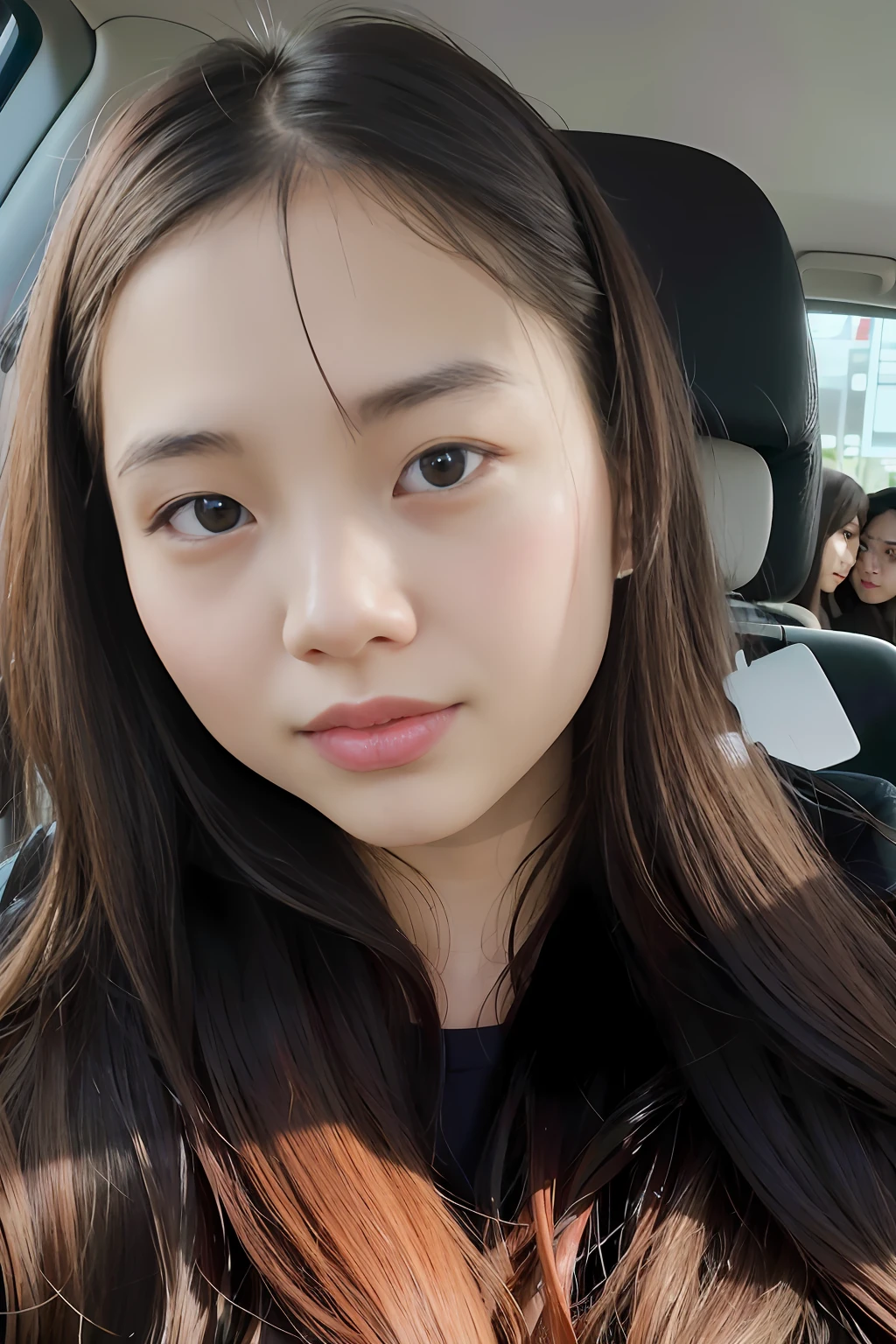 arafed woman with long hair sitting in a car with a man behind her, south east asian with round face, asian face, detailed face of a asian girl, 8k selfie photograph, face is brightly lit, full round face, blank expression on her face, young cute wan asian face, selfie of a young woman, she is facing the camera, nsfw