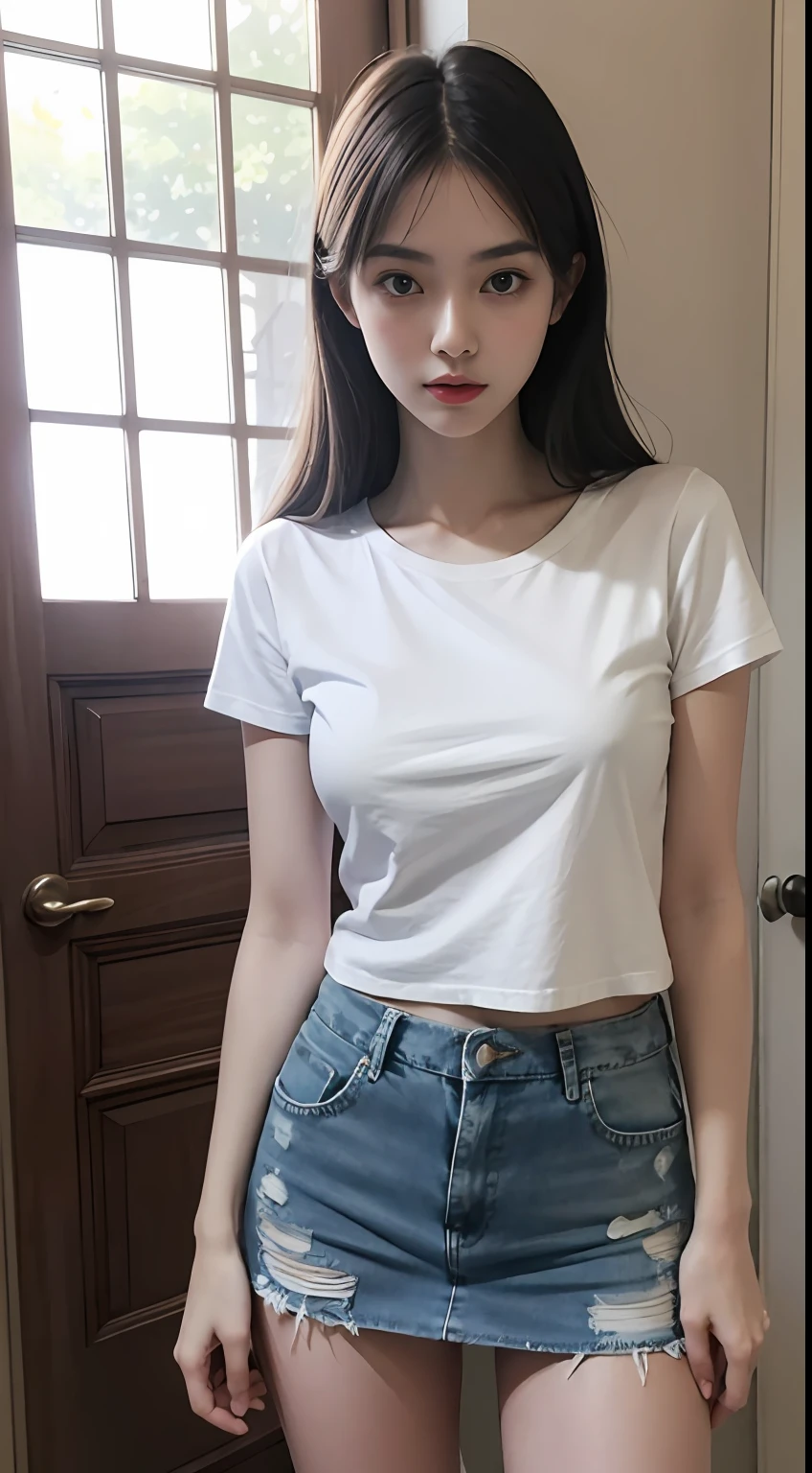 Girl posing for photo in white t-shirt and skinny denim skirt，full bodyesbian，legs are open，tee shirt、brassier，Slim body，Smaller bust，Slim girl model，24 years old female model，In front of the door of the room，Light and shadow tracking