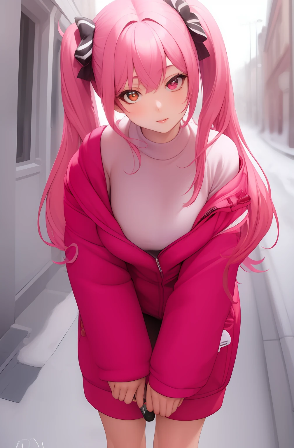 ((masterpiece)), (best quality), (detailed), 1girl,
looking at viewer, (lipstick:0.75), leaning forward,
long pink hair, twintails,
colorful thighighs,
winter, vivid colors,