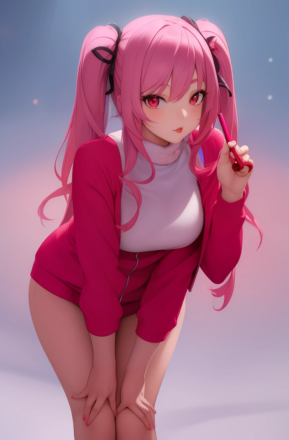 ((masterpiece)), (best quality), (detailed), 1girl,
looking at viewer, (lipstick:0.75), leaning forward,
long pink hair, twintails,
colorful thighighs,
winter, vivid colors,