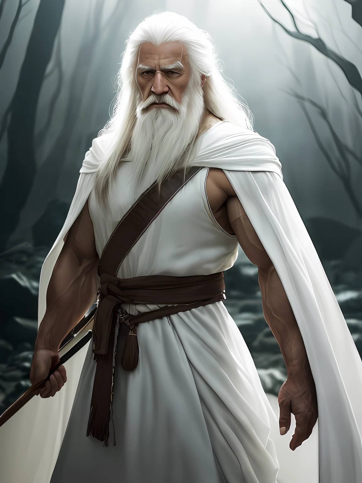 (Higher quality: 1,3), cinema shot, tmasterpiece, (foco nítido: 1,5), (Fotorrealista: 1,3), Average portrait (A tired-looking Chinese veteran,Long white hair and long white beard,But still proud and ferocious, ((Toned muscular figure)),Now the leader of his village , Wear yours with a delicate white robe dress, The night was dark,Cold, Deafening footsteps echoed through the cave, Dripping rain, Three rugged men in their thirties, Carry spears and serrated shields, Move carefully towards the depths of the cave, Torches illuminate the dimly lit path, Create moving and distorted shadows on damp walls. An eerie atmosphere enveloped the entire Algunas: Antochas, Ardennes, Enlas Wall, Give the scene a dark atmosphere,But sculpt the shape with clear chiaroscuro), is night, (Very detailed skin), (detail in face), detailedbackground, Dark light, twilight lighting, Volumetric illumination, intricately details, hyper HD,