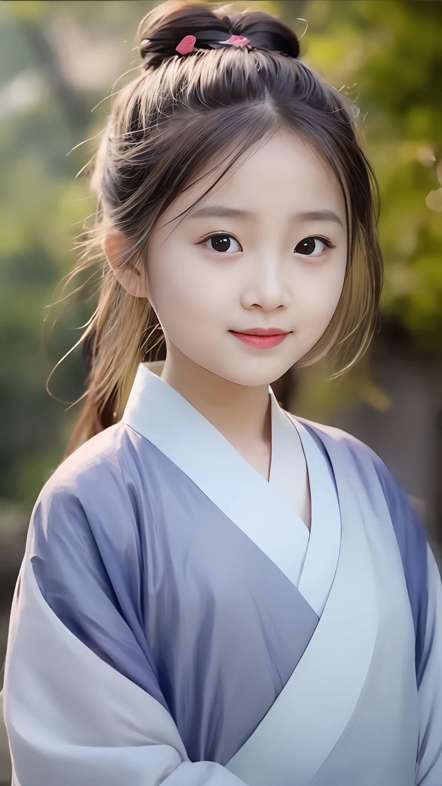 5-year-old girl with hair bun, wearing Hanfu, with symmetrical facial features,look at the camera, evenly lit,bokeh,135mm,Hasselblad,close-up,