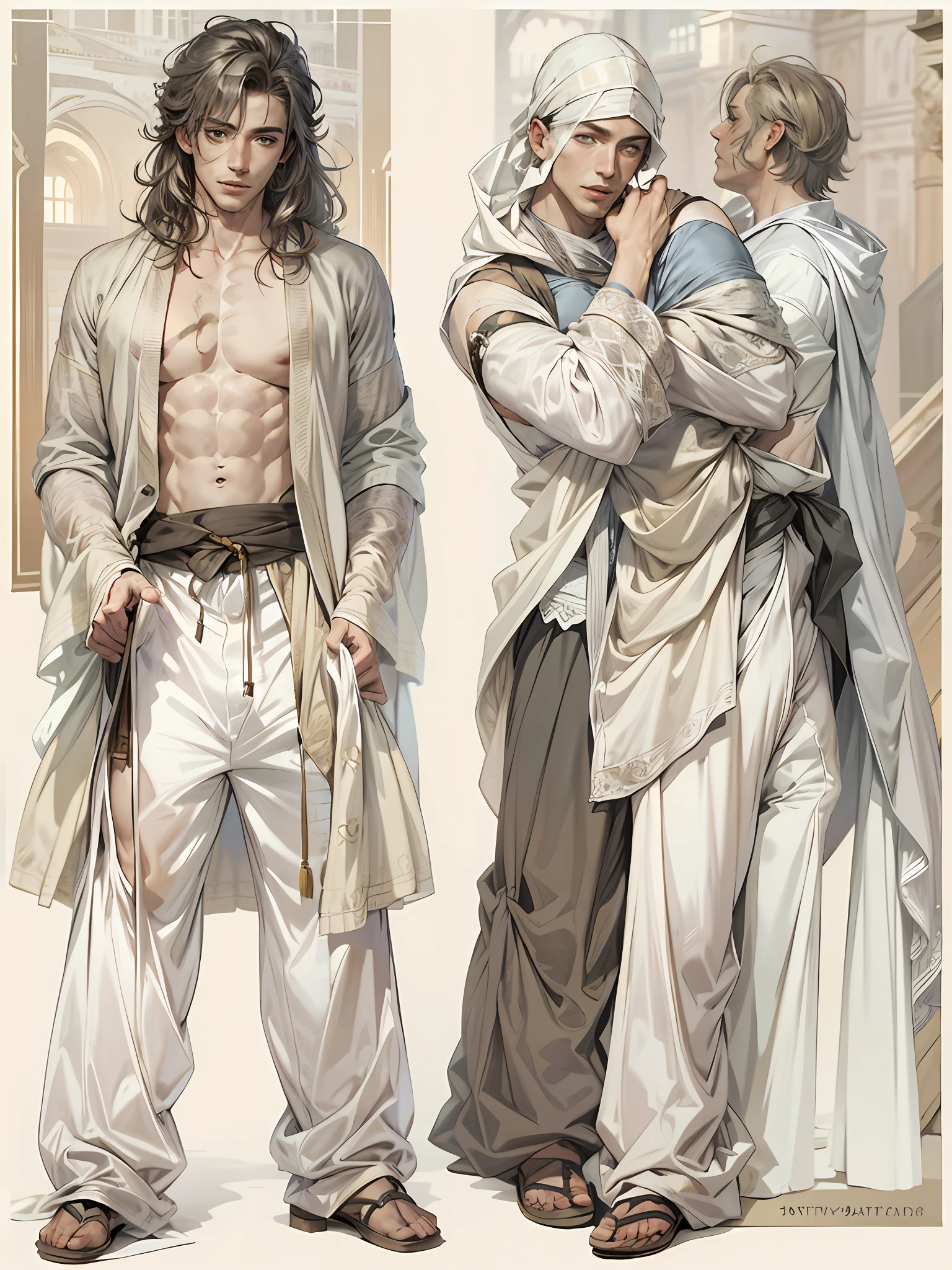 solo person, Soloist,1boys,white backgrounid,lying on her side,Shirtless males,chest muscle,simplebackground,Abs,long whitr hair,whaite hair,Gray eye,obi strip,hair on one eye,birthmark,one eye covered,trouser,European people,European medieval clothing