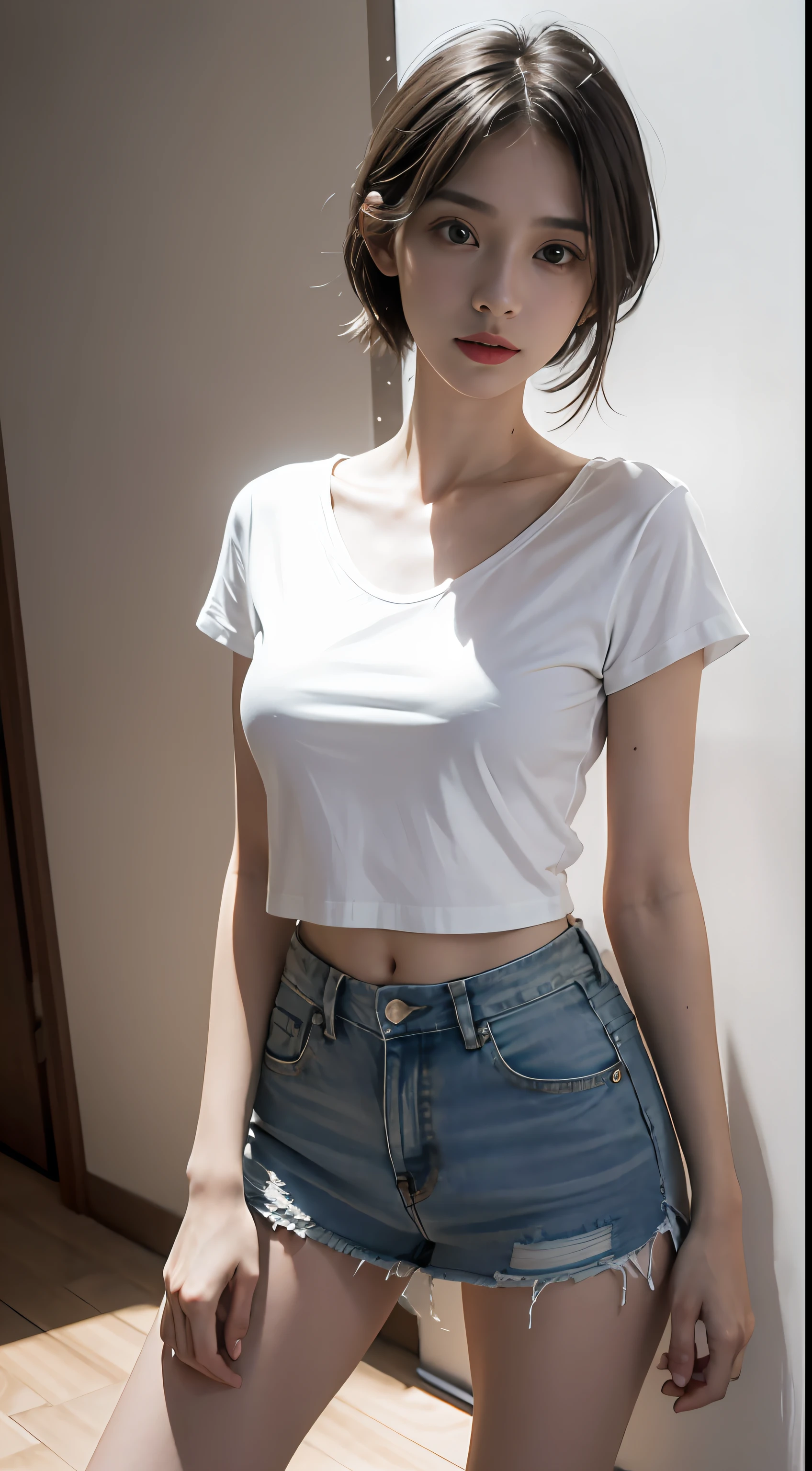 Girl posing for photo in white t-shirt and skinny denim skirt，full bodyesbian，legs are open，tee shirt、brassier，Slim body，Smaller bust，Slim girl model，24 years old female model，In front of the door of the room，Light and shadow tracking