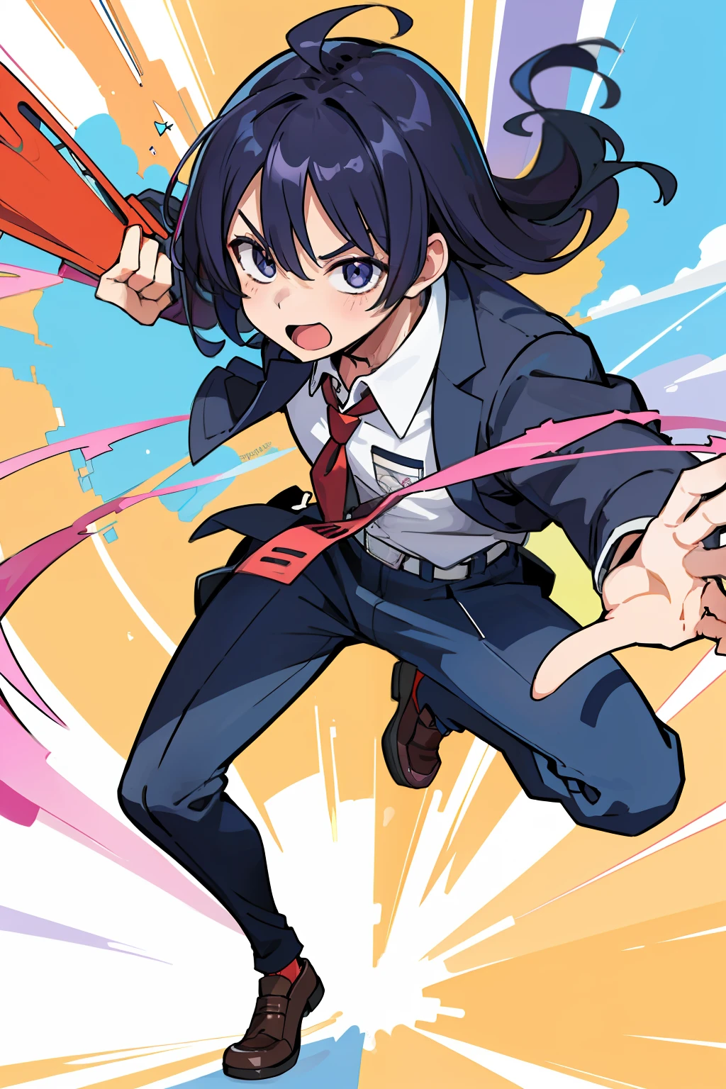 ((extremelydetailedCG)),((8K_Wallpaper)),(((masutepiece))),((top-quality)),  1men, Black hair, School run,Allback hair、 Each of them has its characteristic movements and powers, Scenes in a playful and dynamic environment {The setting}, With vivid colors and exaggerated expressions. While maintaining overall uniformity、Incorporate elements from each anime world、school  background