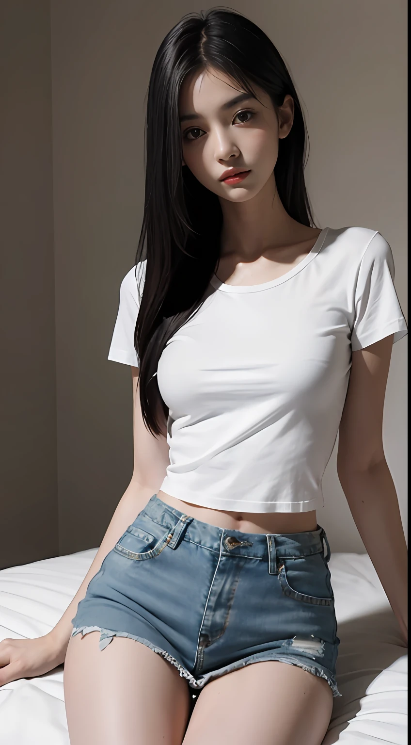 Girl posing for photo in white t-shirt and skinny denim skirt,Long hair all over the body,legs are open,tee shirt、brassier,Slim body,Smaller bust,Slim girl model,24 years old female model,On the bed in the room,Light and shadow tracking