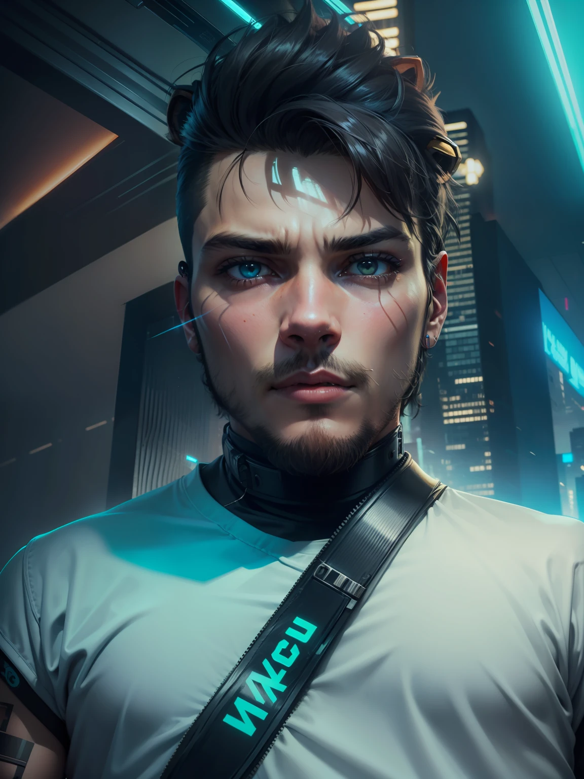 Cyberpunk, ultra real face, stylish boy, with lion